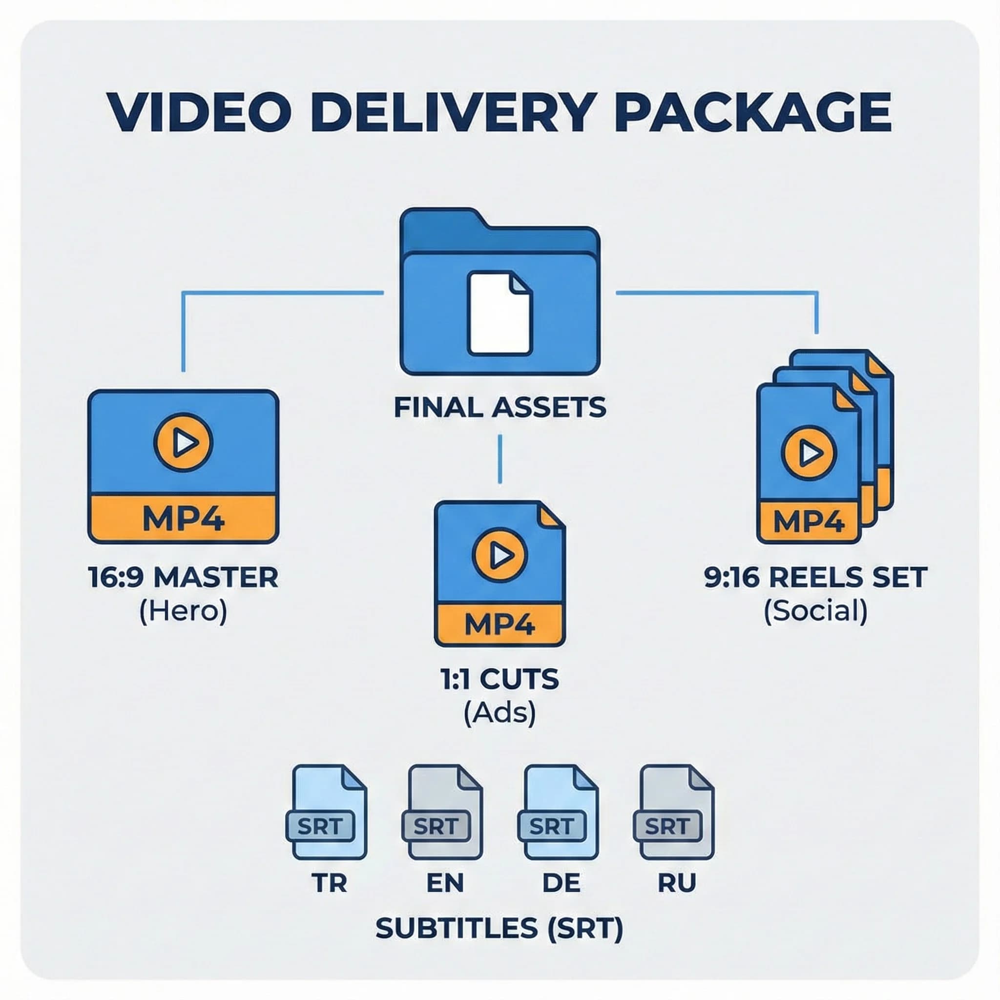 Video teslim paketi, formatlar ve çok dilli altyazı çıktıları kartı
