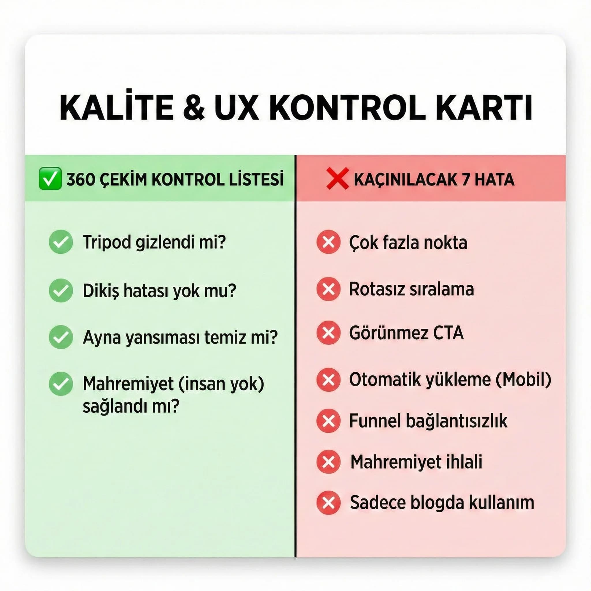 360 tur çekim kontrol listesi ve kaçınılacak 7 hata kartı
