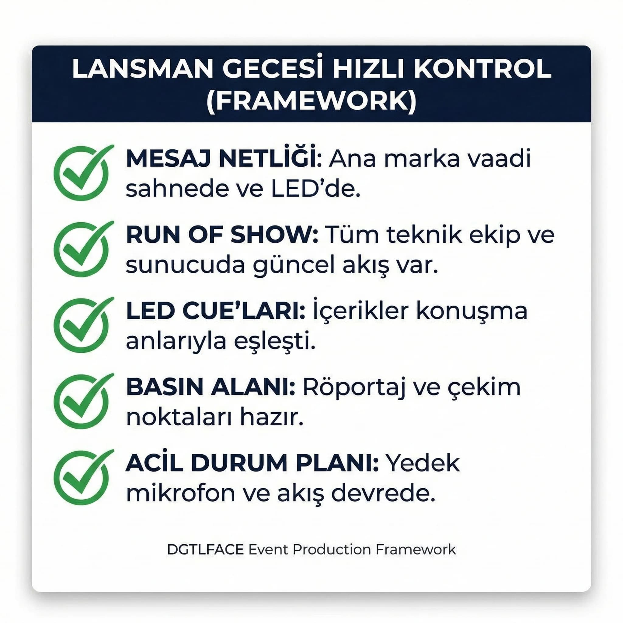 Run of show ve lansman gecesi hızlı kontrol framework kartı otel bağlamı