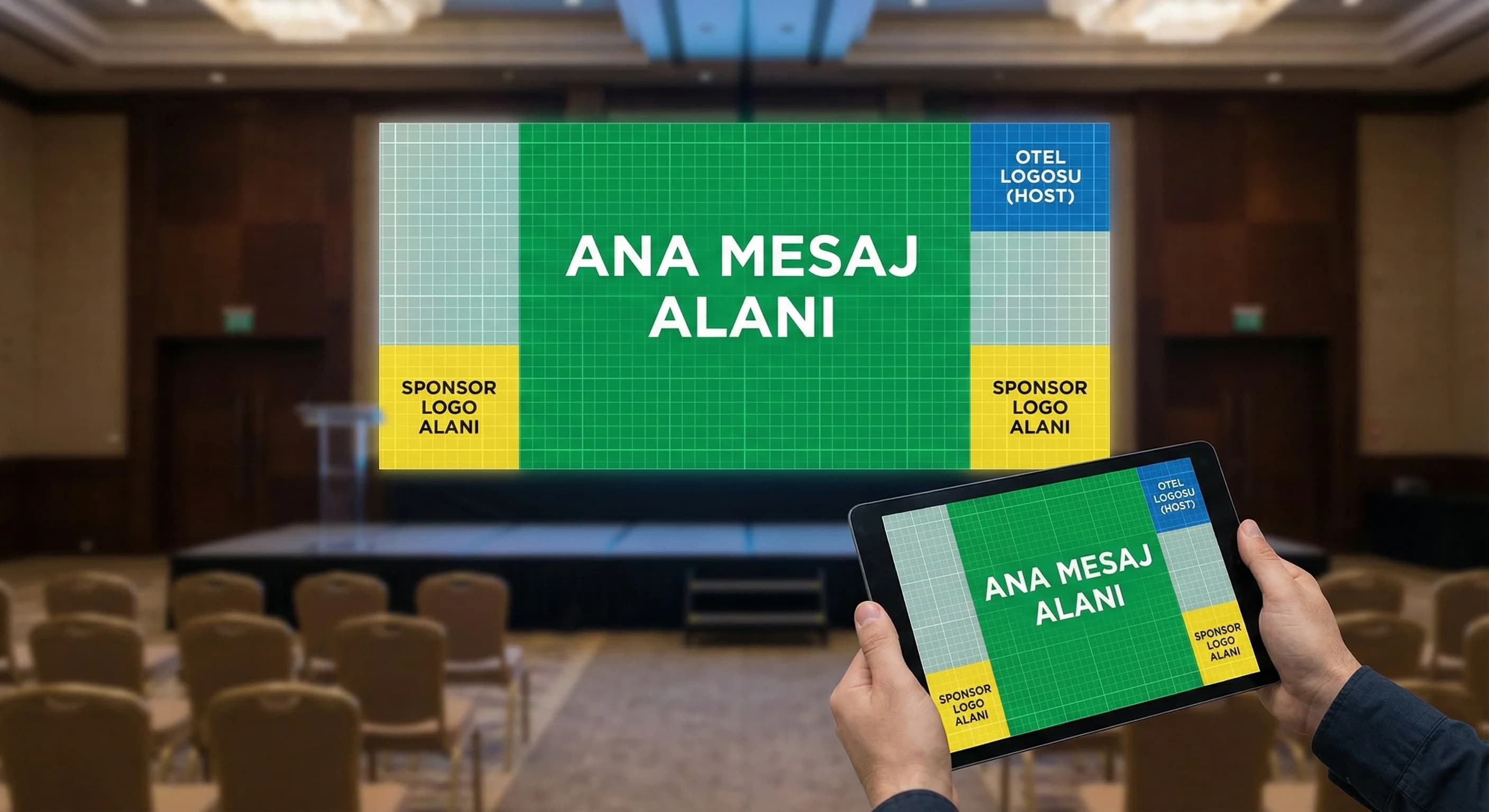 Stage branding hiyerarşisi ve sponsor dengesi için otel etkinlik context görseli