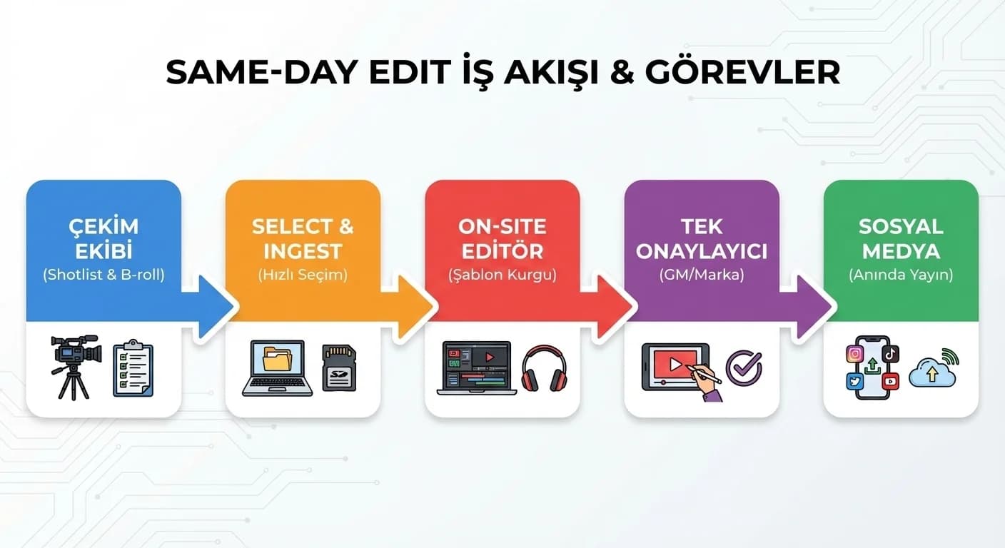 Same-day edit akış diyagramı ve görev dağılımını gösteren otel diyagramı