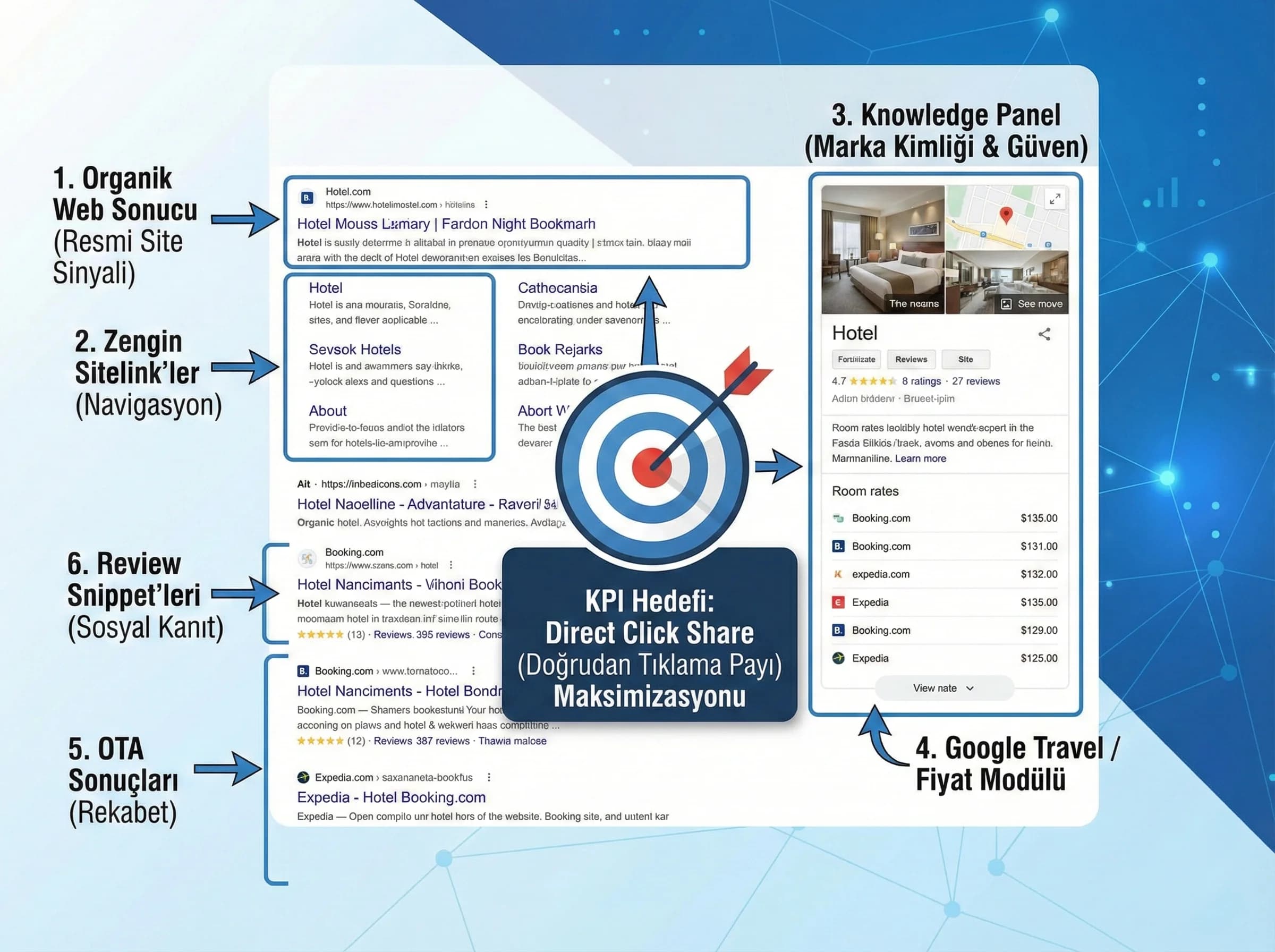 Brand SERP bileşenleri + direct click share hedefi + otel bağlamı