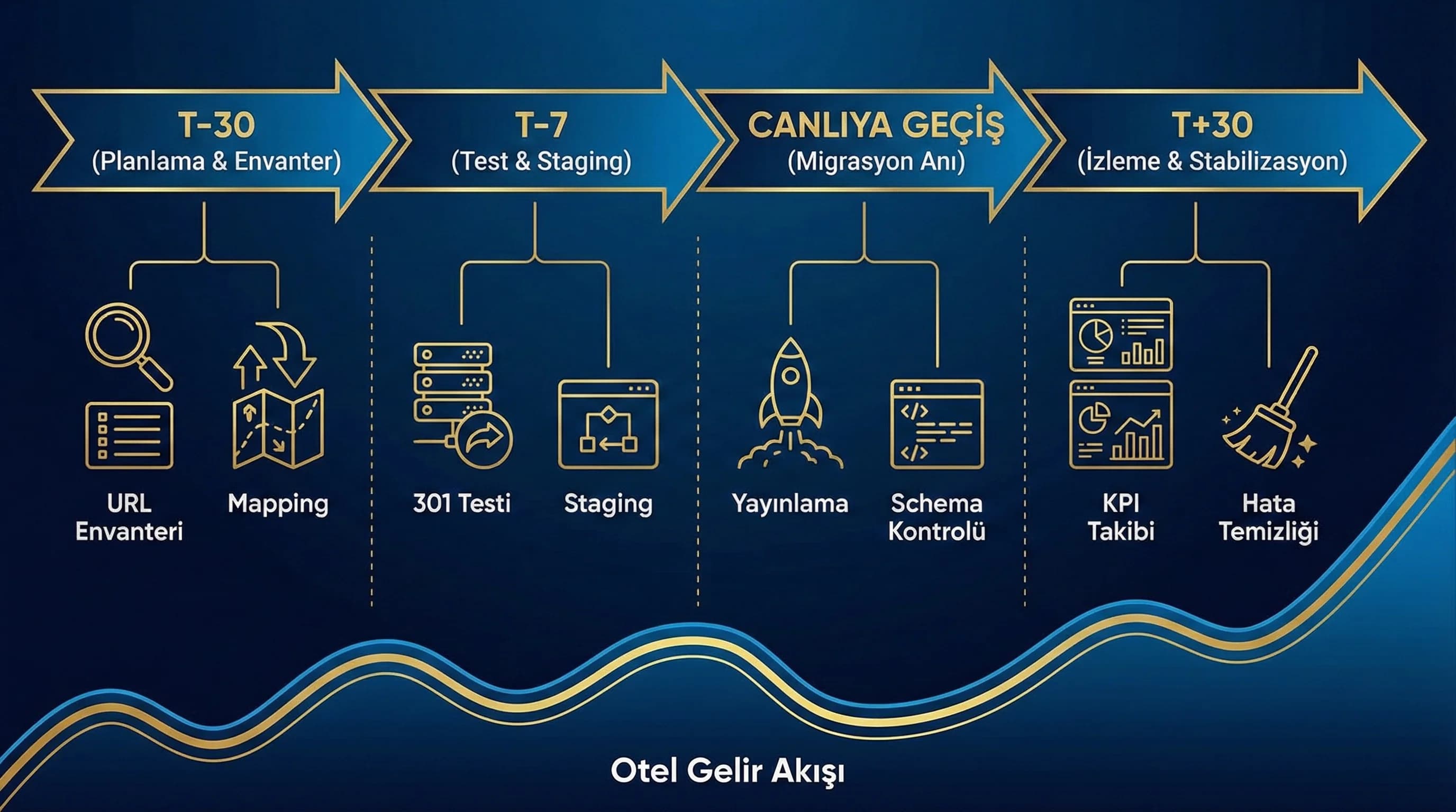 Rebrand + domain değişimi süreci + T-30→T+30 kontrol akışı