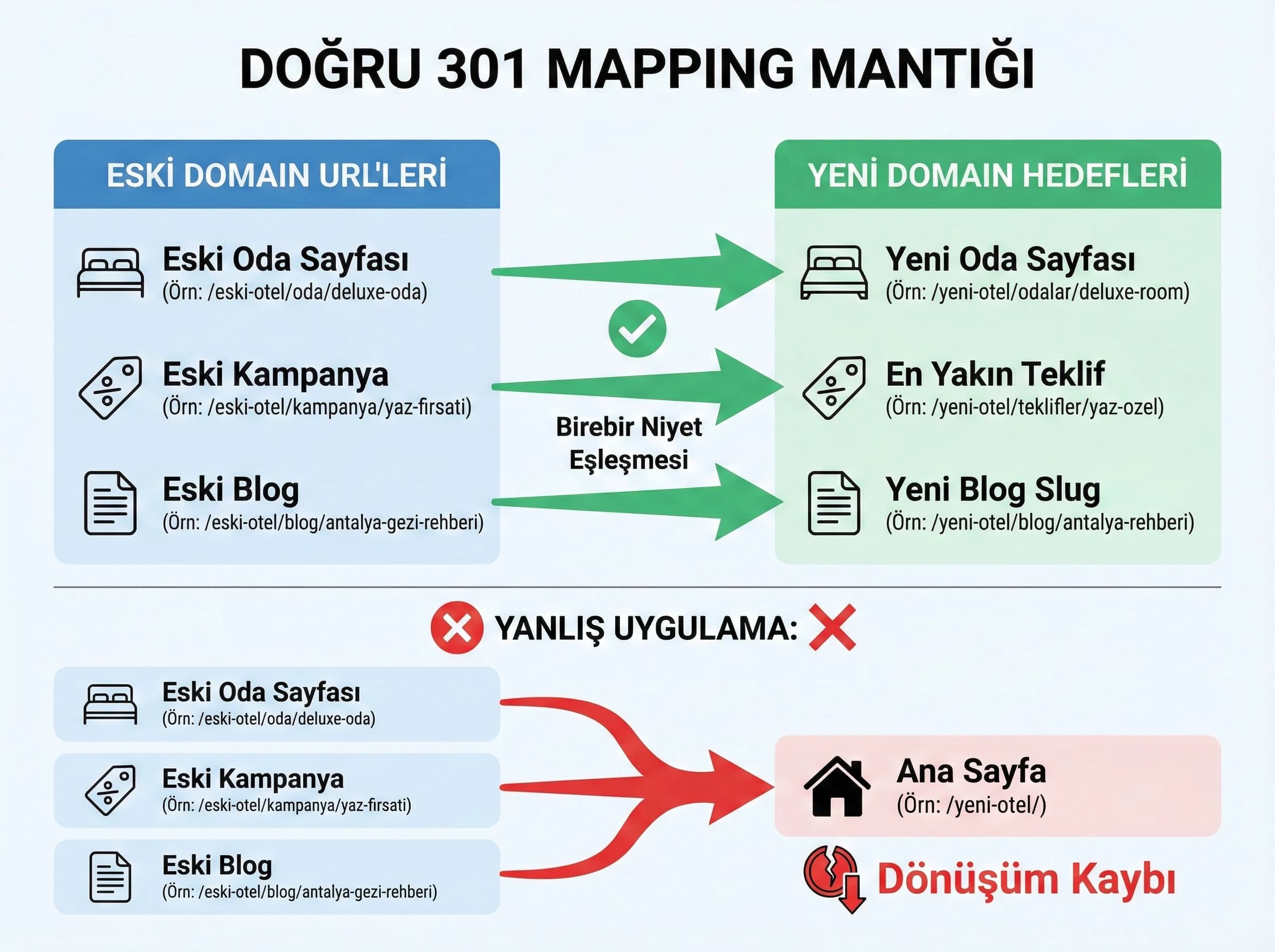 301 mapping mantığı + oda/teklif sayfa türleri