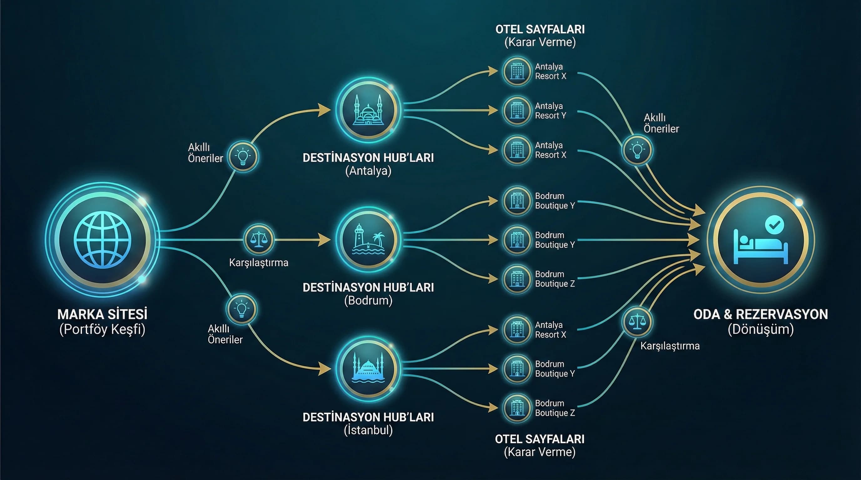 Marka→destinasyon→otel→oda yolculuğu + kullanıcı seçimi + rezervasyon bağlamı