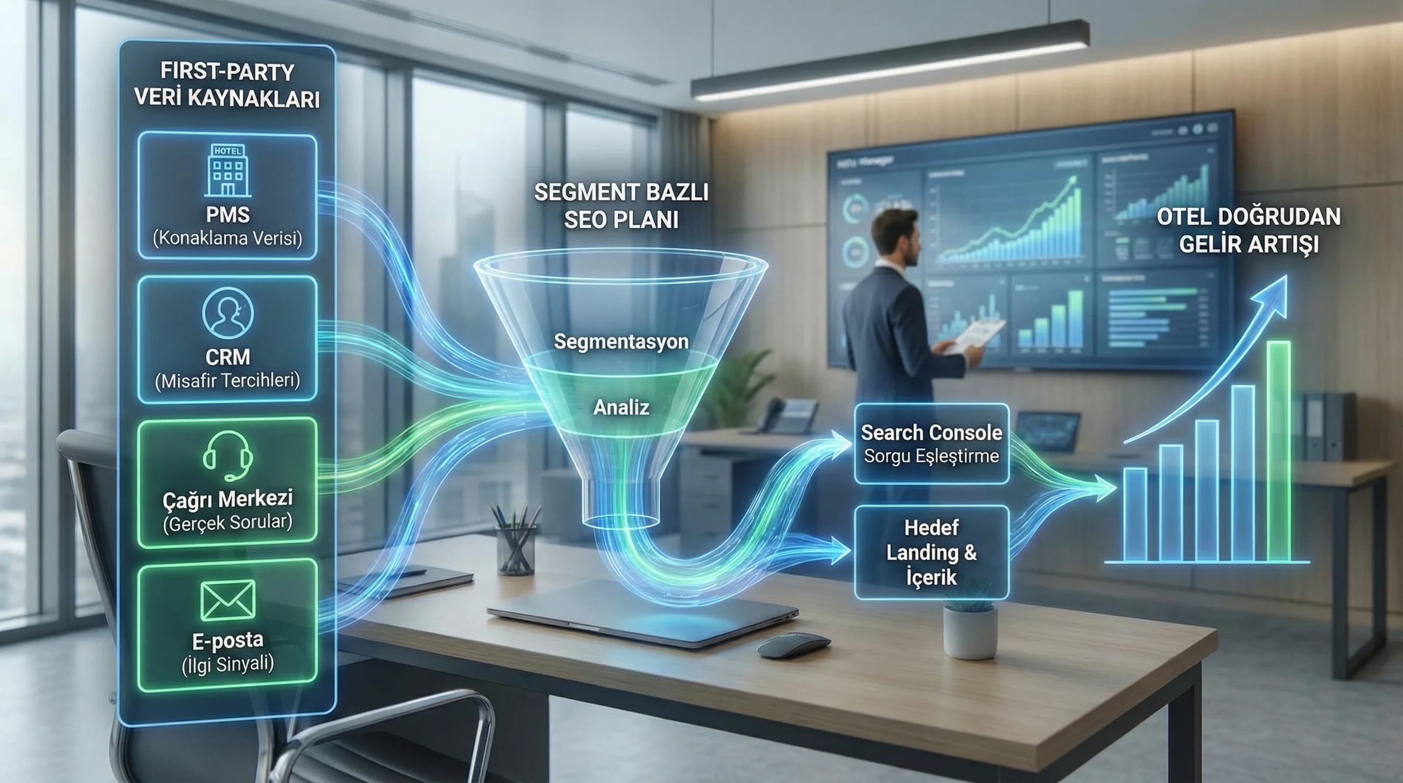 PMS/CRM/call center→SEO akışı + segment planı + otel bağlamı