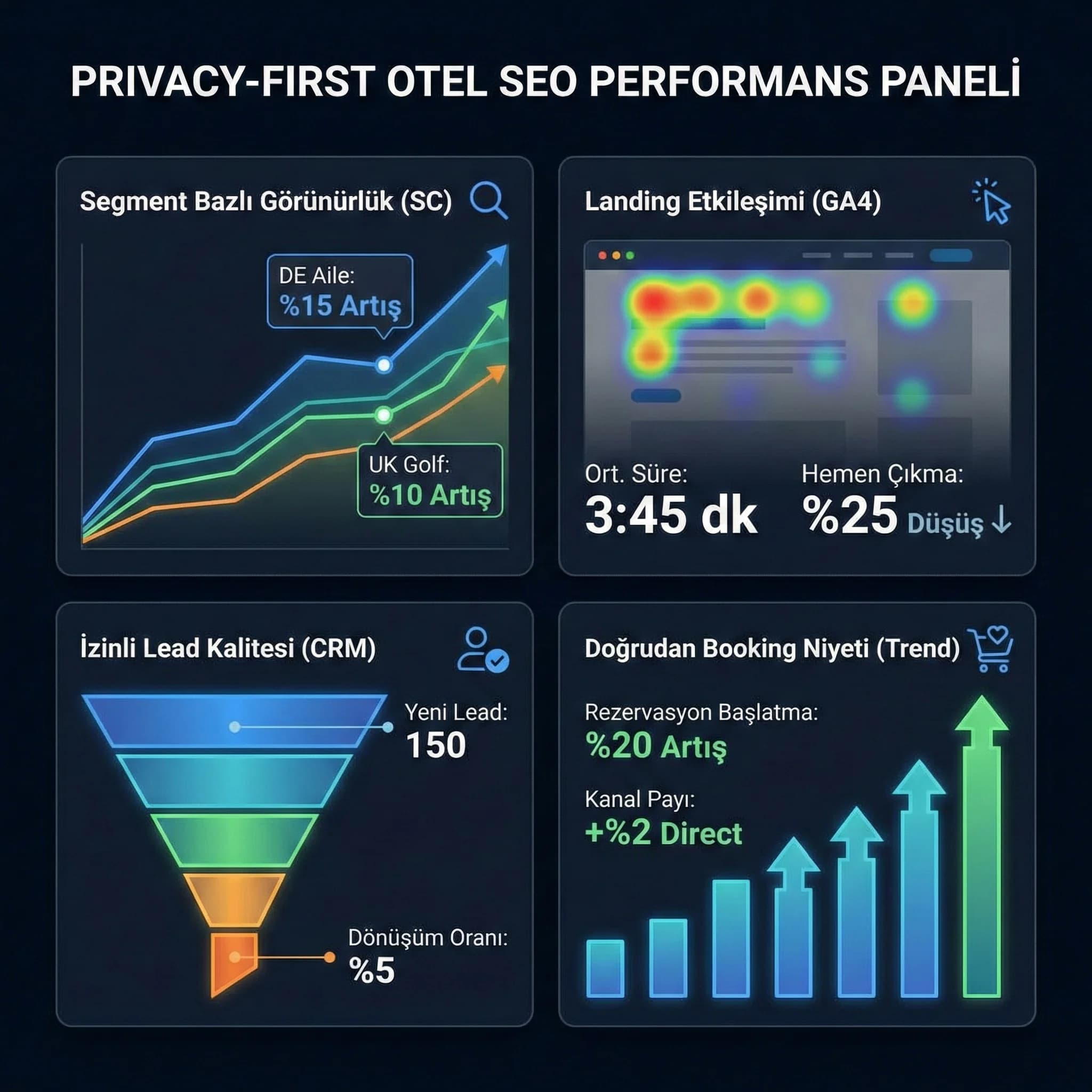 Privacy-first KPI paneli + segment performansı + otel bağlamı
