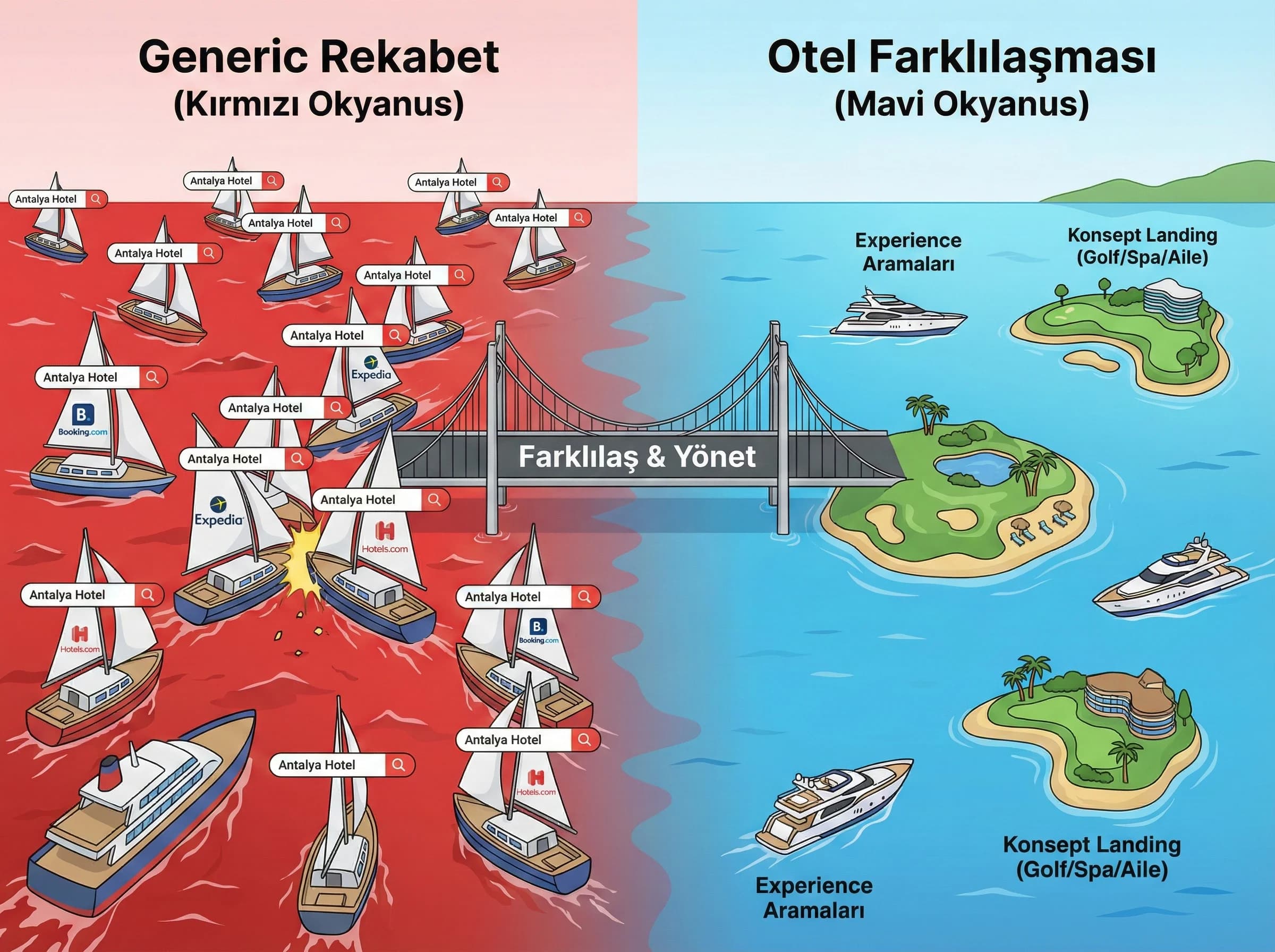 Generic rekabet + destinasyon/konsept landing + otel farklılaşması