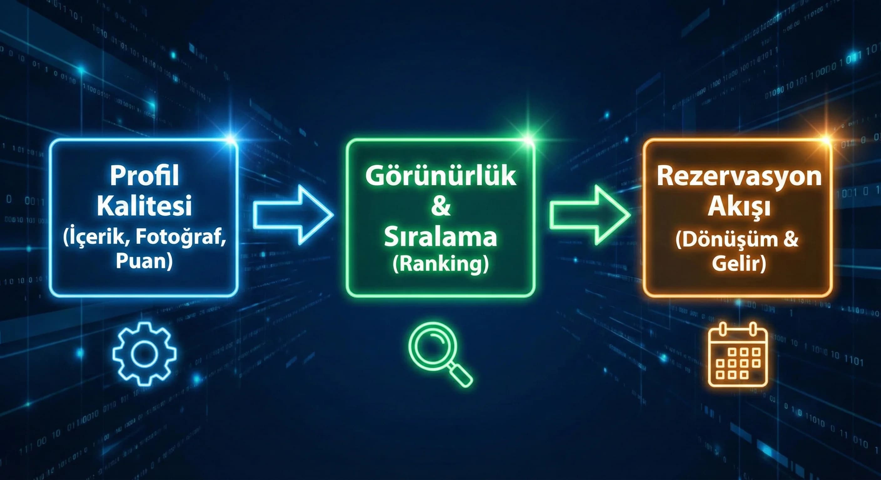 Profil kalitesi → görünürlük → rezervasyon akışı, amaç: net model, otel satış bağlamı