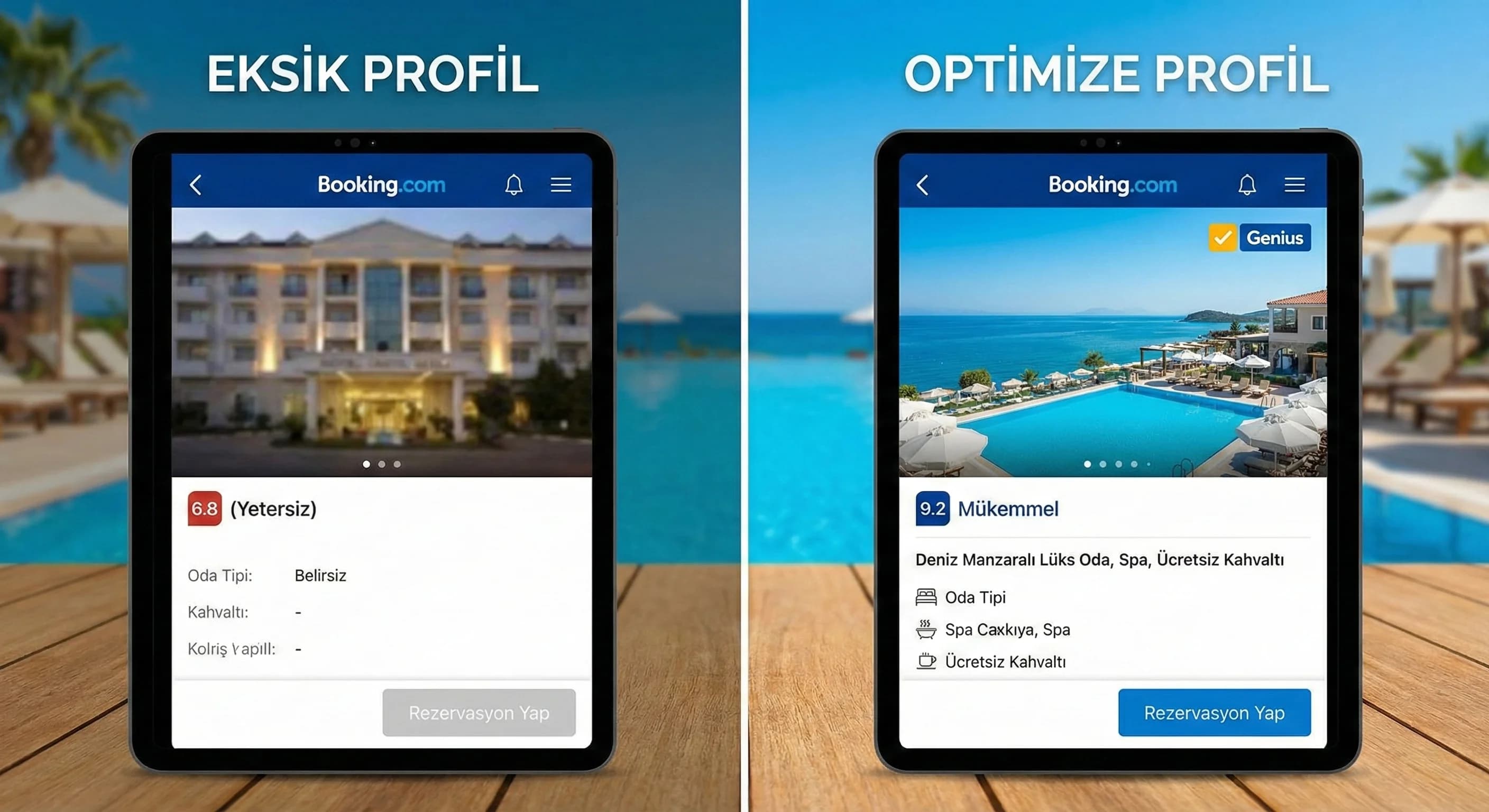 İyi vs eksik profil örneği, amaç: profil hijyen farkı, otel satış bağlam
