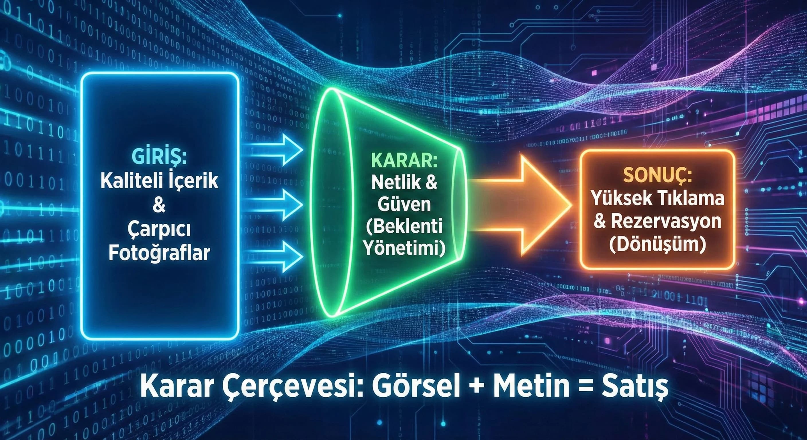 İçerik+görsel kalite → dönüşüm akışı, amaç: karar çerçevesi, otel satış bağlamı