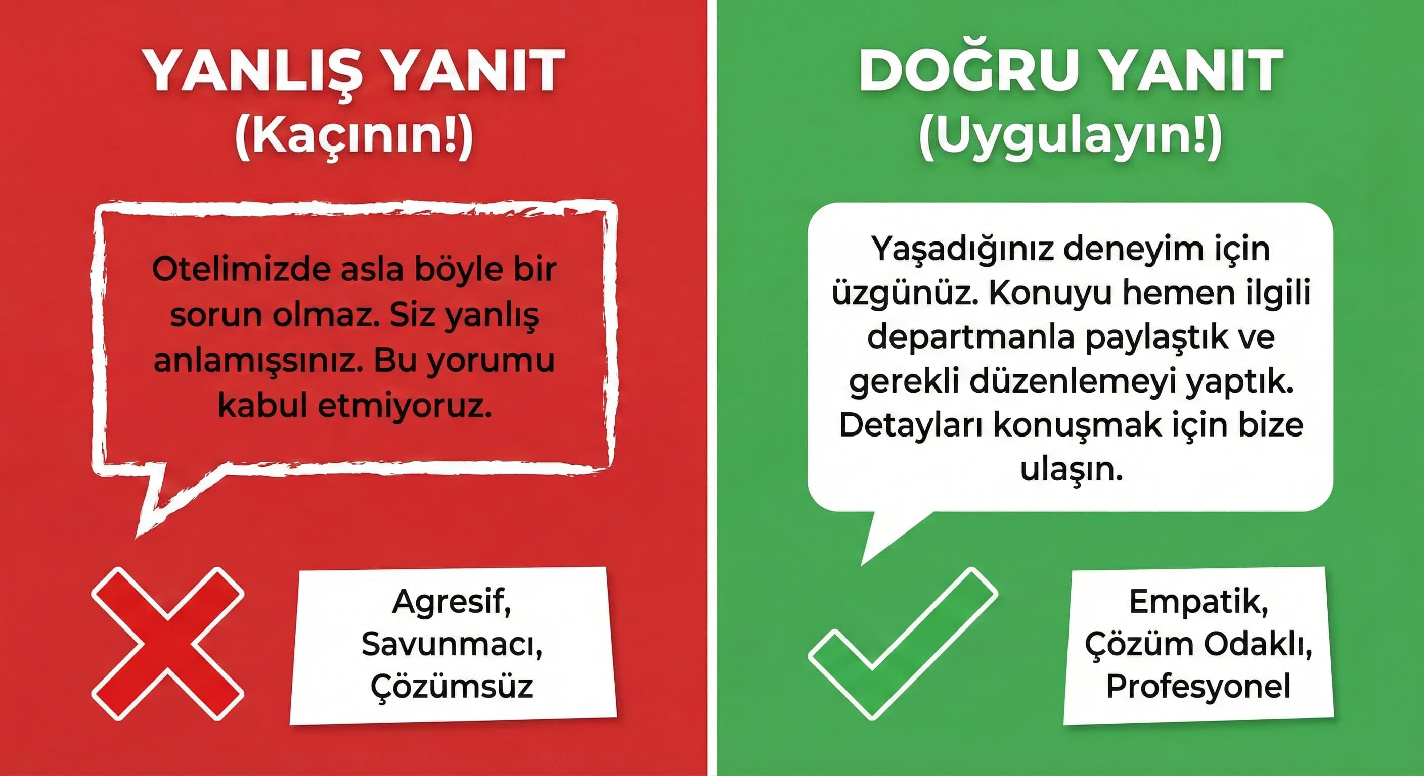 İyi vs kötü yanıt örnekleri, amaç: ton standardı, otel itibar bağlamı
