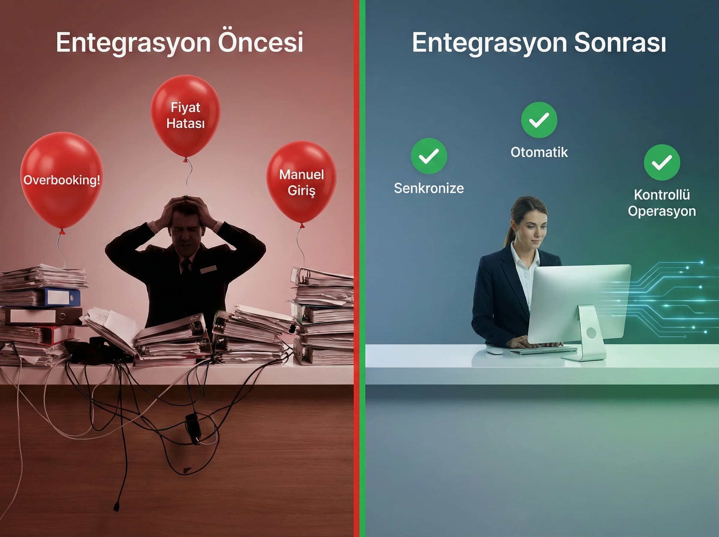 PMS entegrasyonunun önemini anlatan bölüm ayırıcı görsel, otel operasyon risklerini azaltır