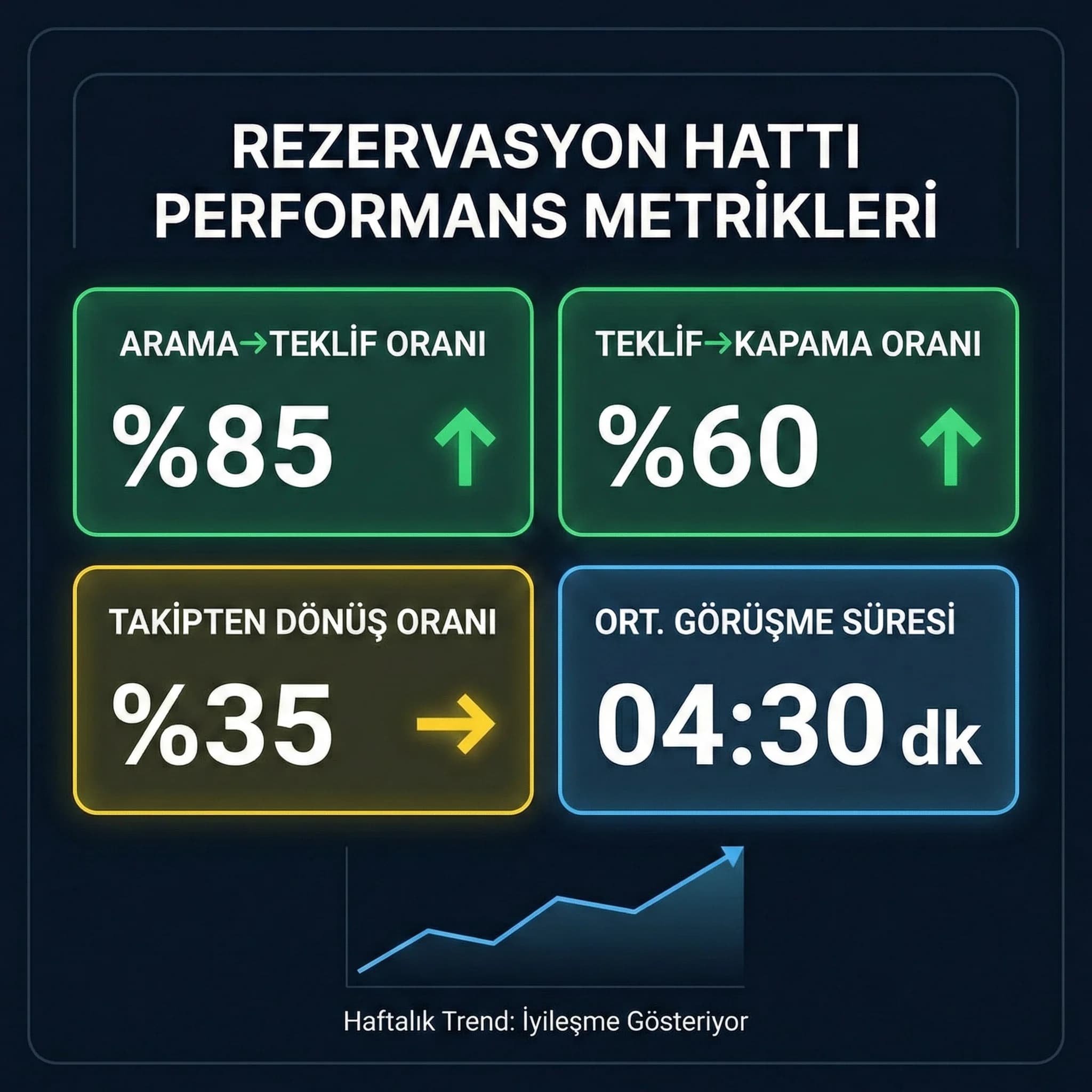 Telefonla rezervasyon KPI paneli, arama-teklif-kapama ve takipten dönüş metrikleri