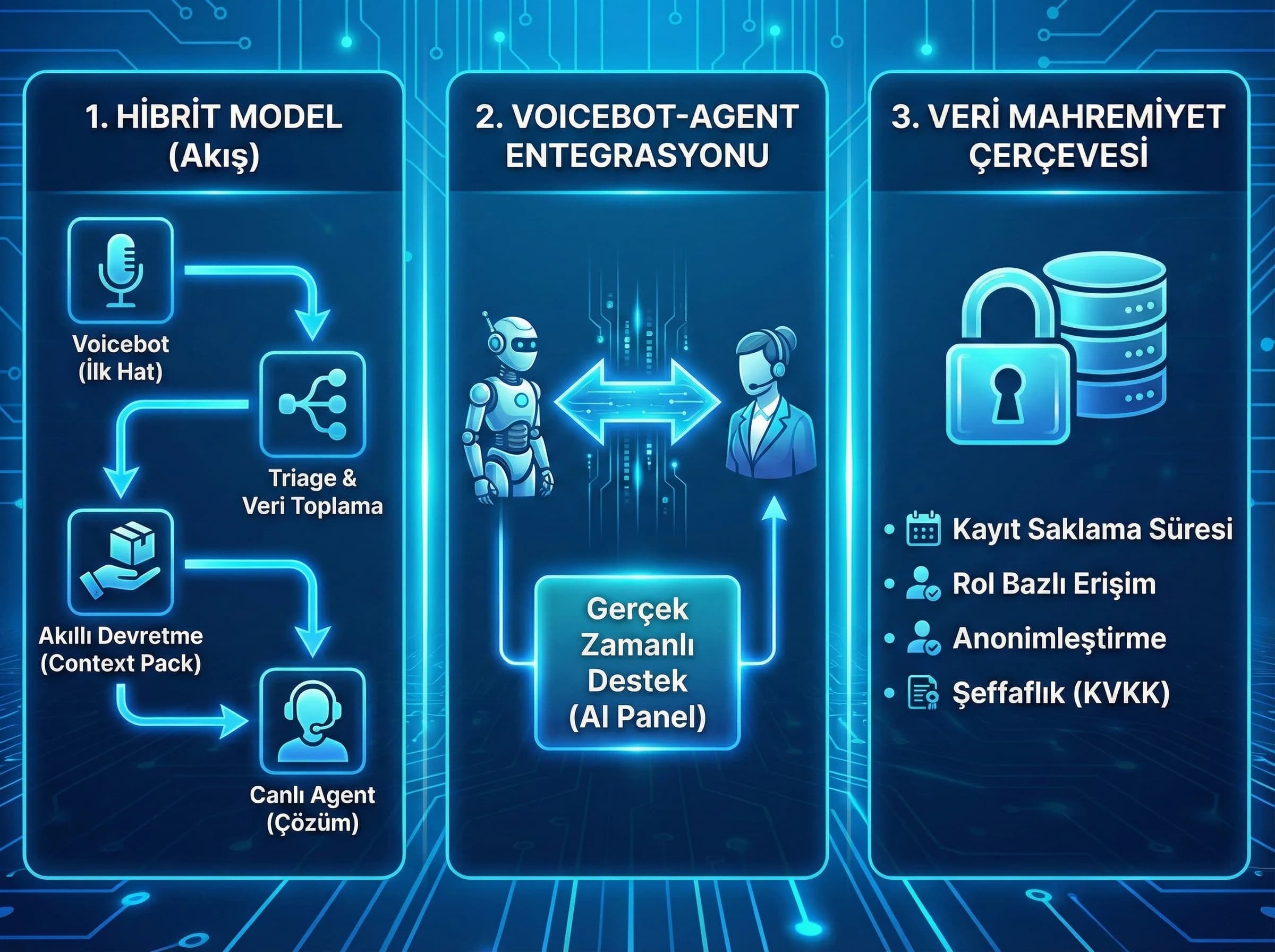 Hibrit model, voicebot-agent akışı ve veri mahremiyet çerçevesi ayırıcı