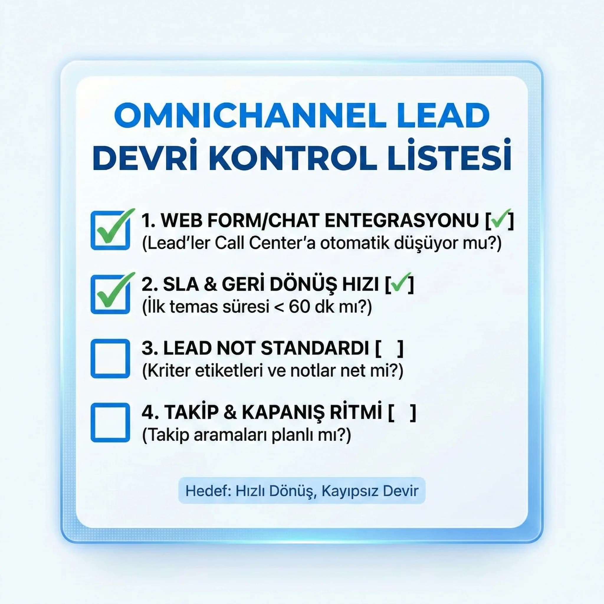 Omnichannel lead devri kontrol listesi, web chat telefon akışı