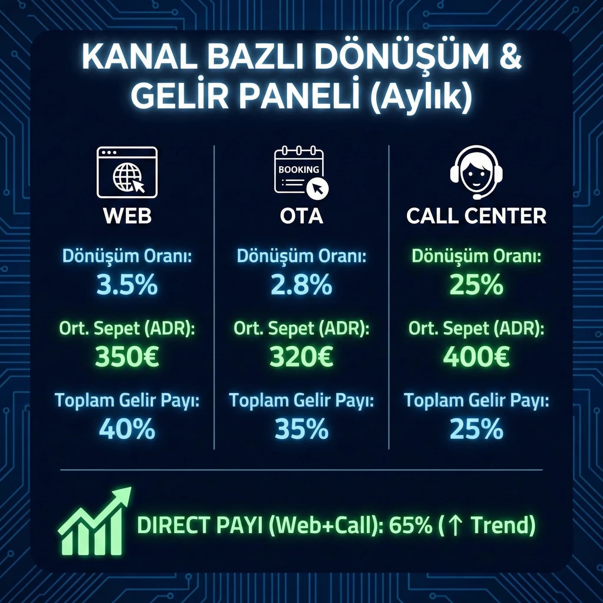 Kanal bazlı dönüşüm ve gelir paneli, direct-OTA-call center dengesi