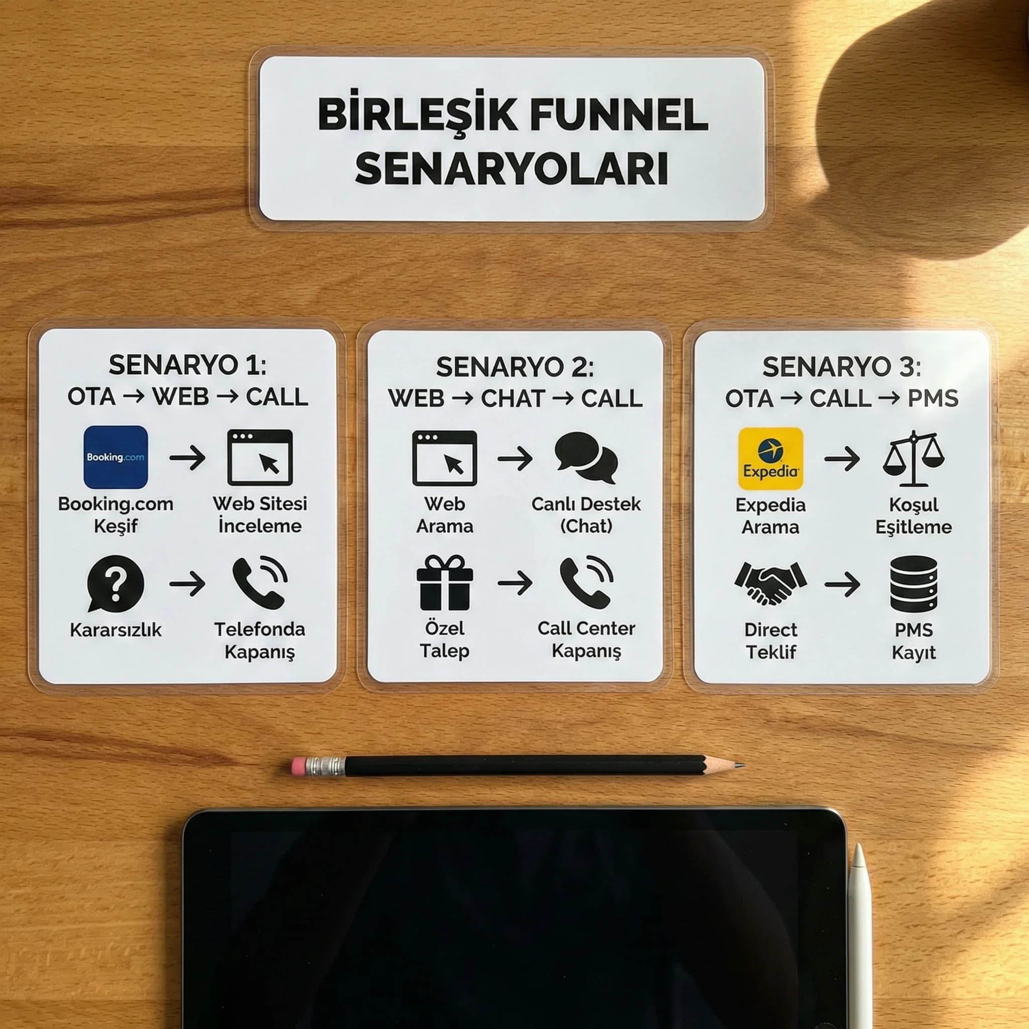 3 omnichannel funnel senaryosu kartı, kanal geçişleri ve kapanış örnekleri