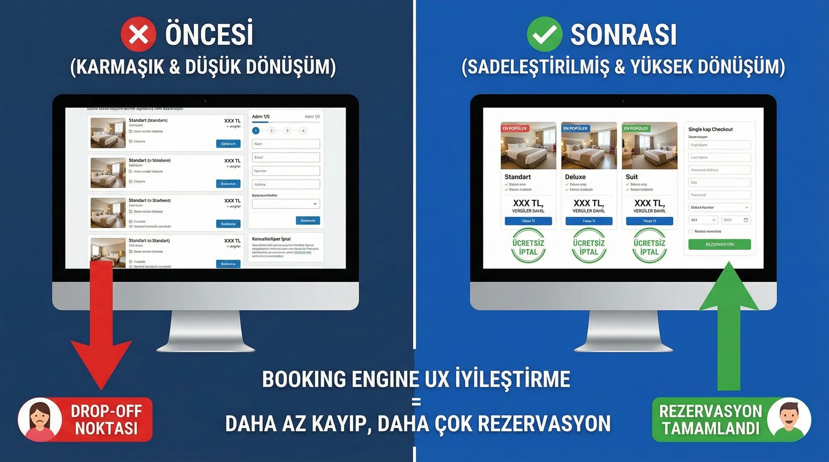 Öncesi sonrası booking engine ekranı, otel UX iyileştirme hedefi