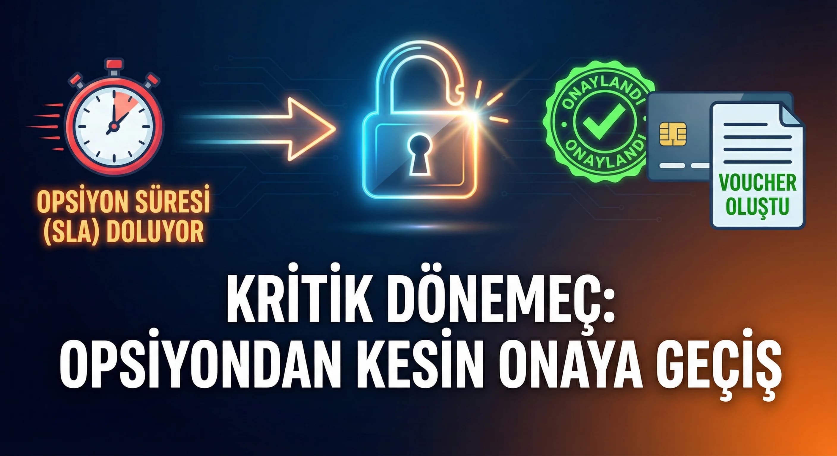 Opsiyon ve onay aşamasına geçişi vurgulayan otel süreç ayırıcı görsel