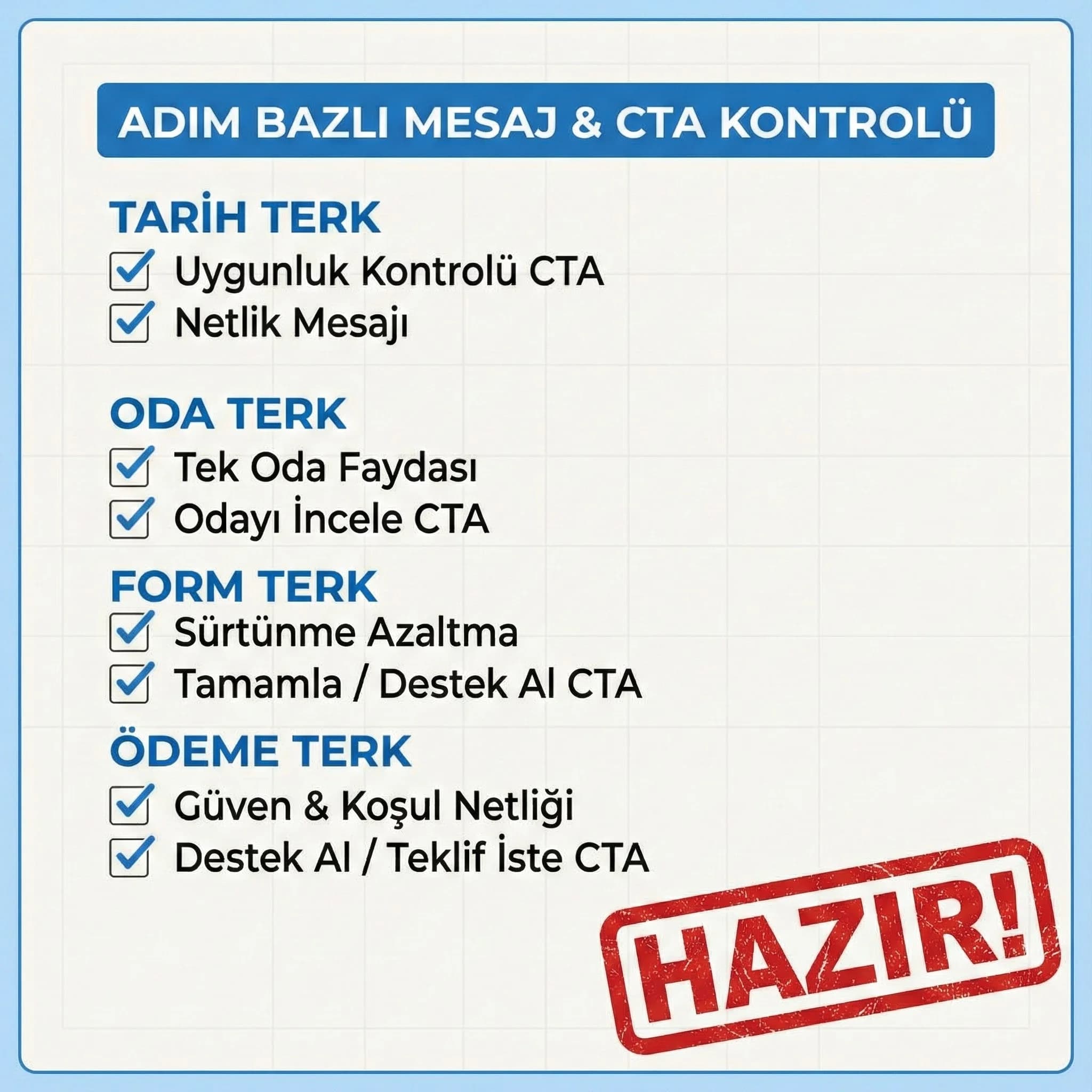 Terk segmentleri için mesaj ve CTA kontrolünü özetleyen otel checklist kartı