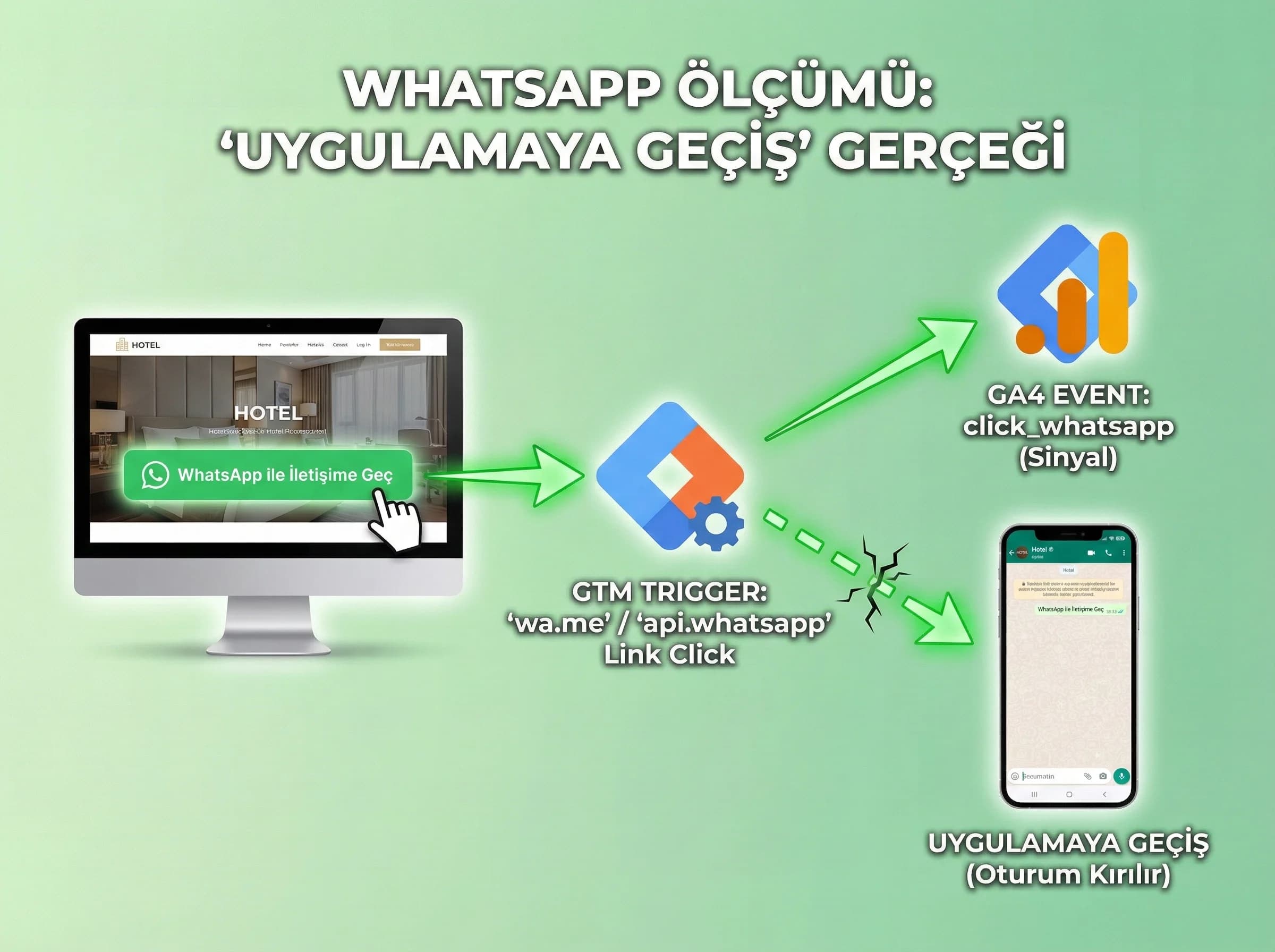 WhatsApp ölçümü ve oturum geçişini otel bağlamında ayıran bölüm görseli