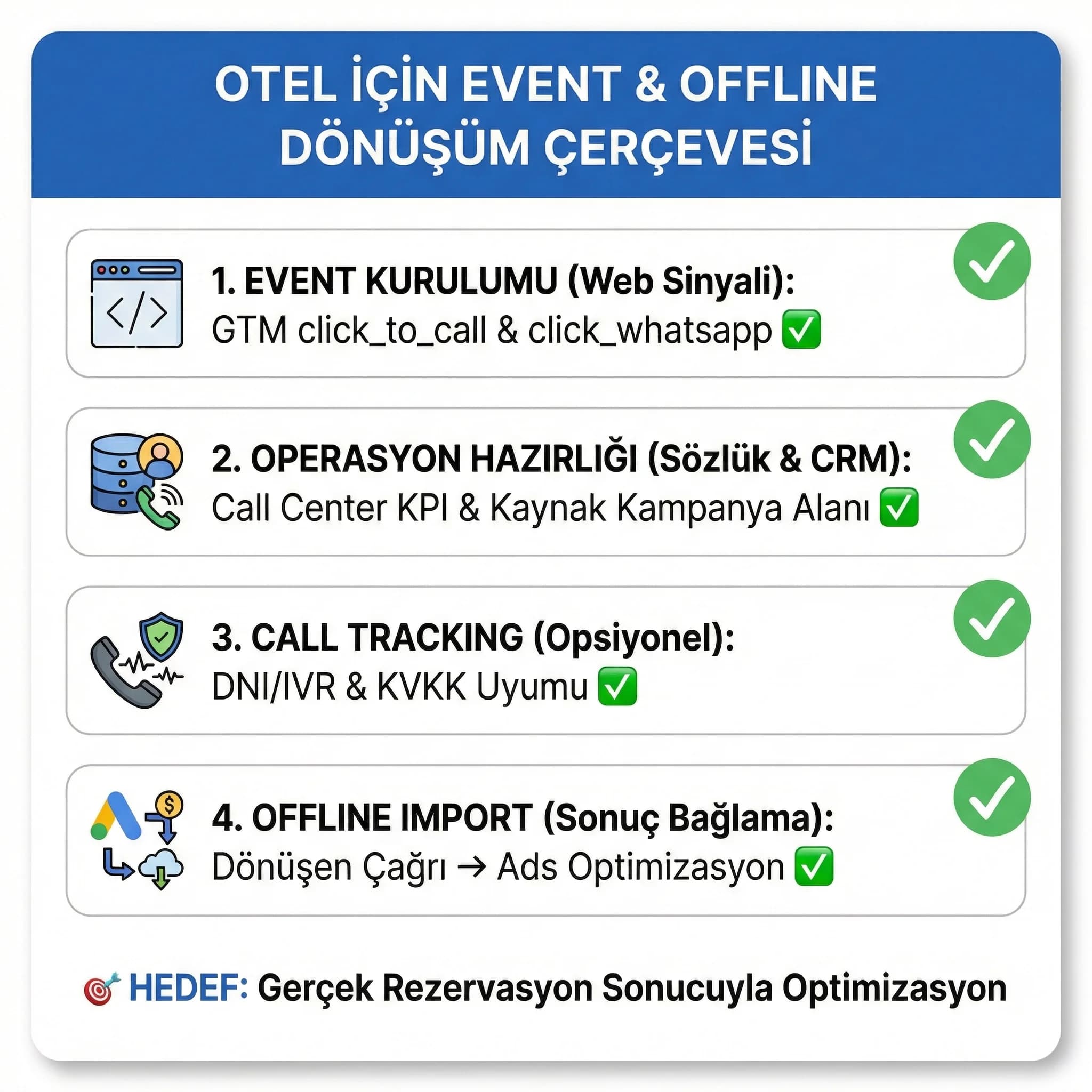 Telefon ve WhatsApp dönüşüm takibi adımlarını otel için özetleyen checklist kart