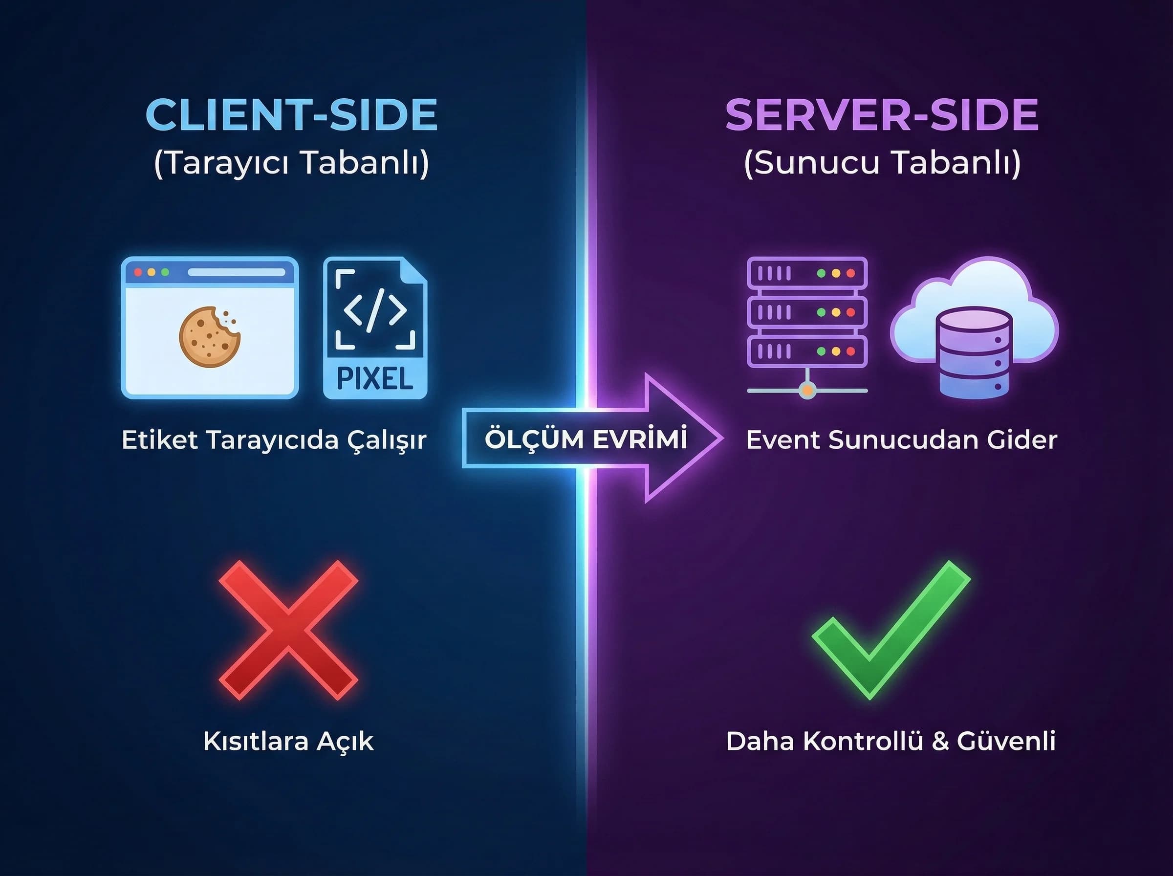 Client-side ve server-side ölçüm farkını otel pazarlaması için ayıran bölüm görseli