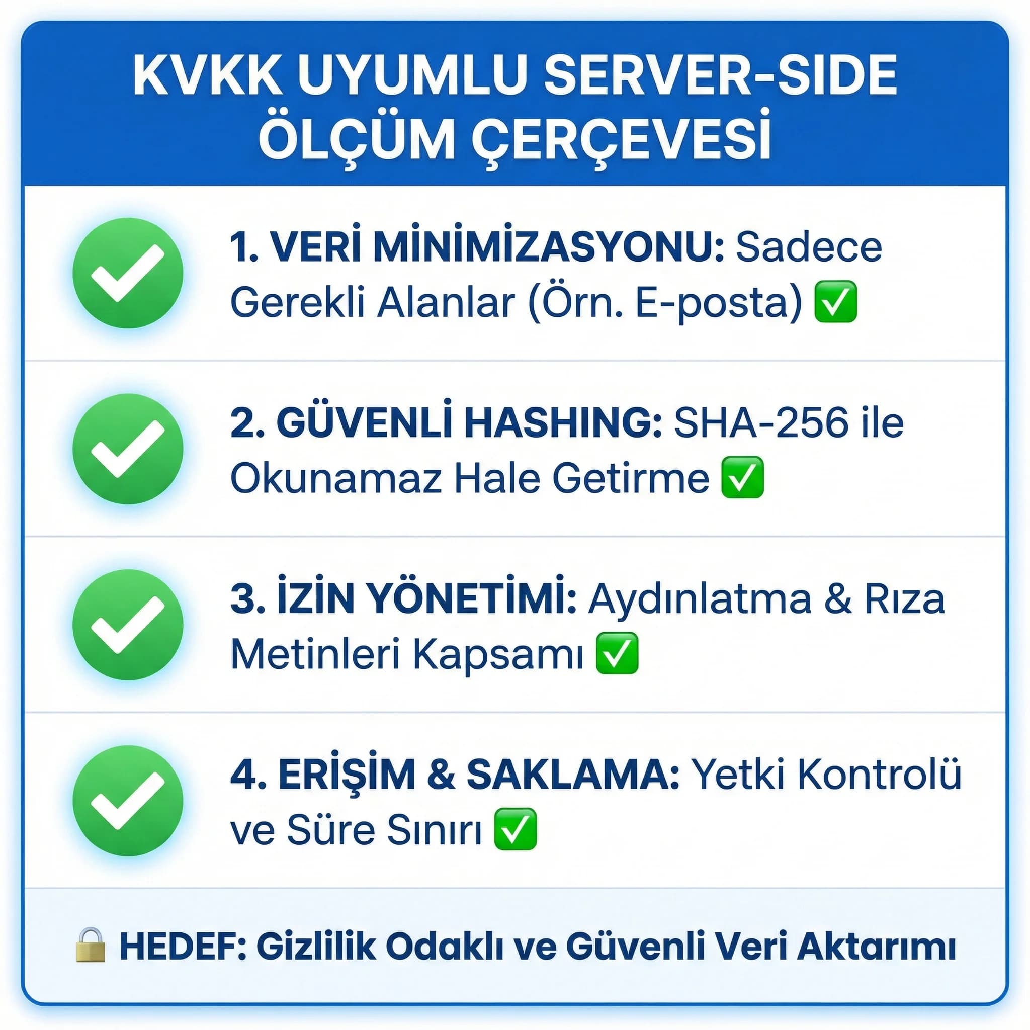 KVKK uyumlu server-side ölçüm için veri minimizasyonu ve hashing kontrol kartı