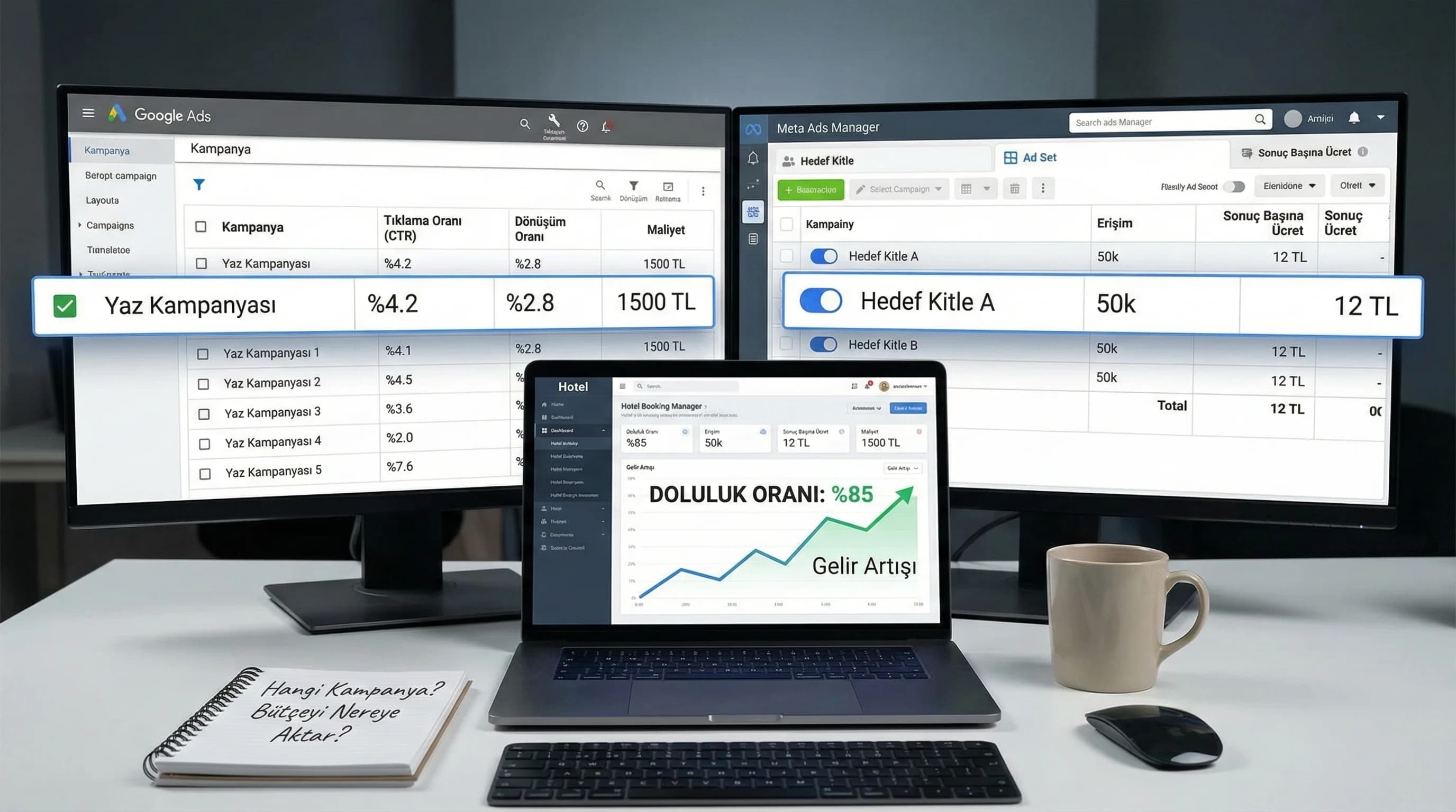 Google Ads ve Meta KPI ekranı bağlamı, otel gelir kararını destekler