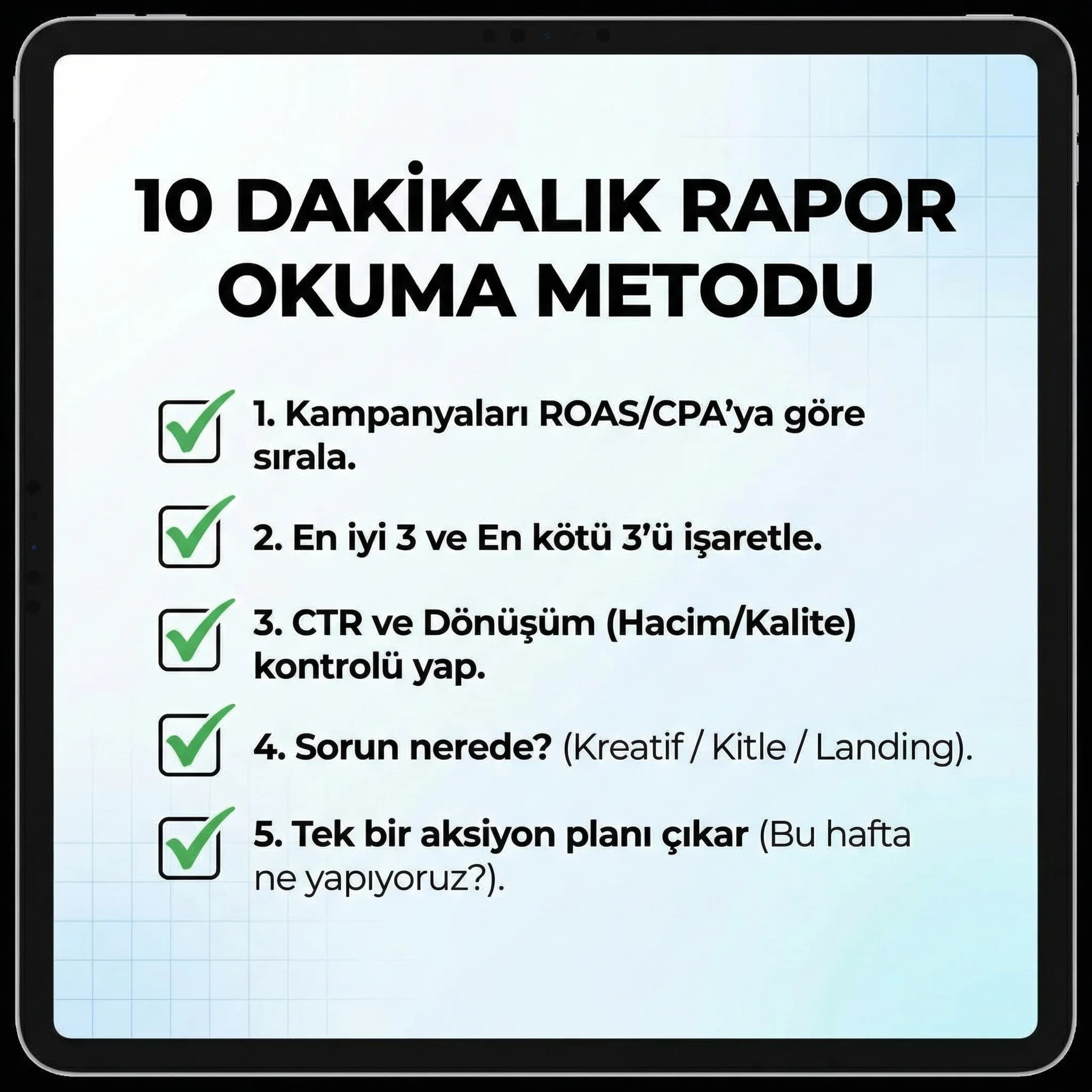 10 dakikalık rapor okuma checklist’i, otel kampanya optimizasyonu