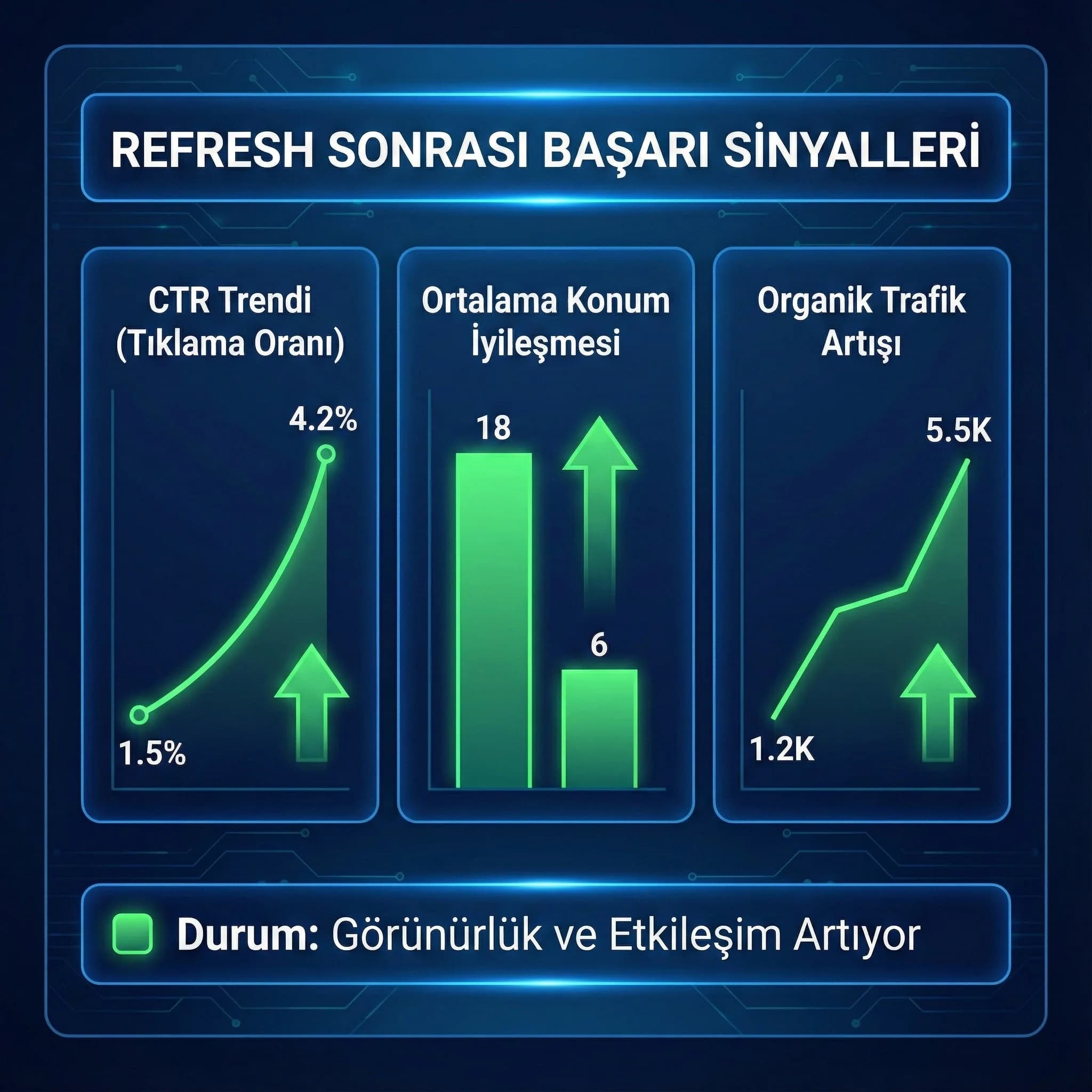 Refresh sonrası KPI kartı, görünürlük ve CTR takibi