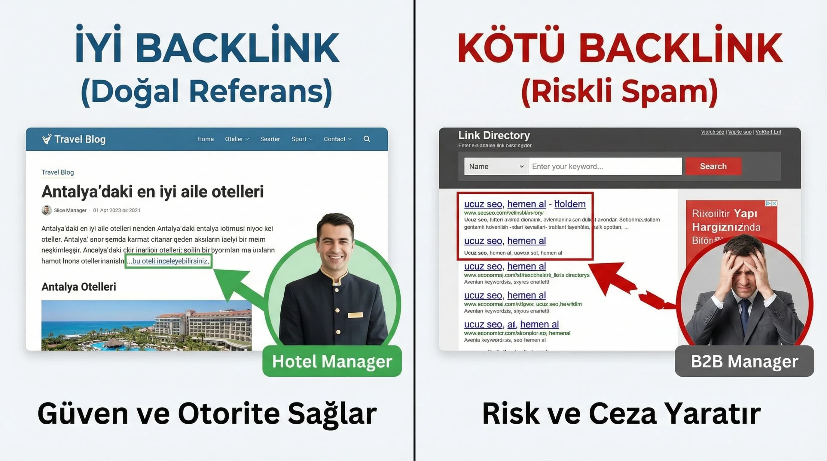 Backlink tanımı ve iyi-kötü ayrımı, otel ve B2B örnekli görsel