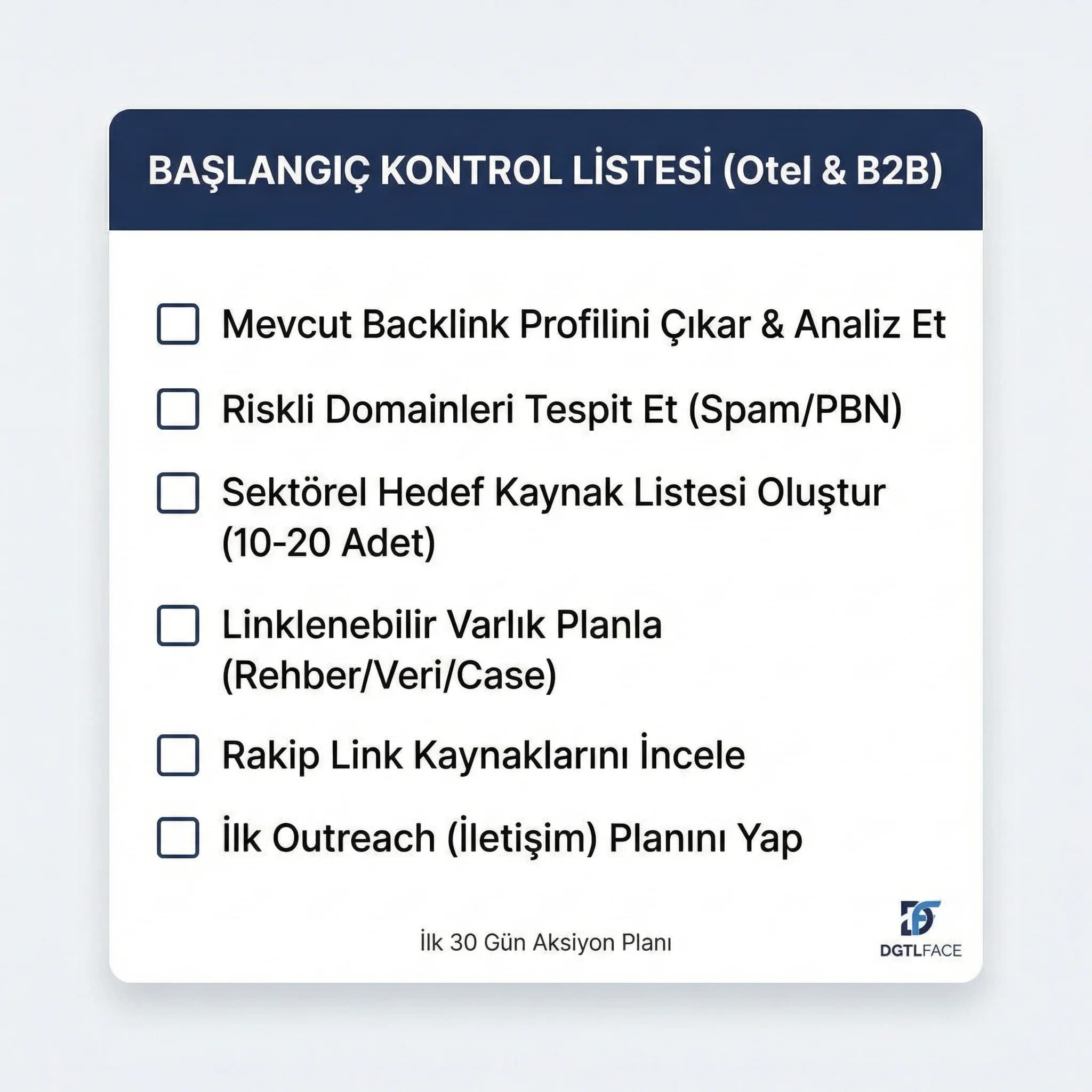 Backlink başlangıç checklist kartı, otel ve B2B ekip uygulaması