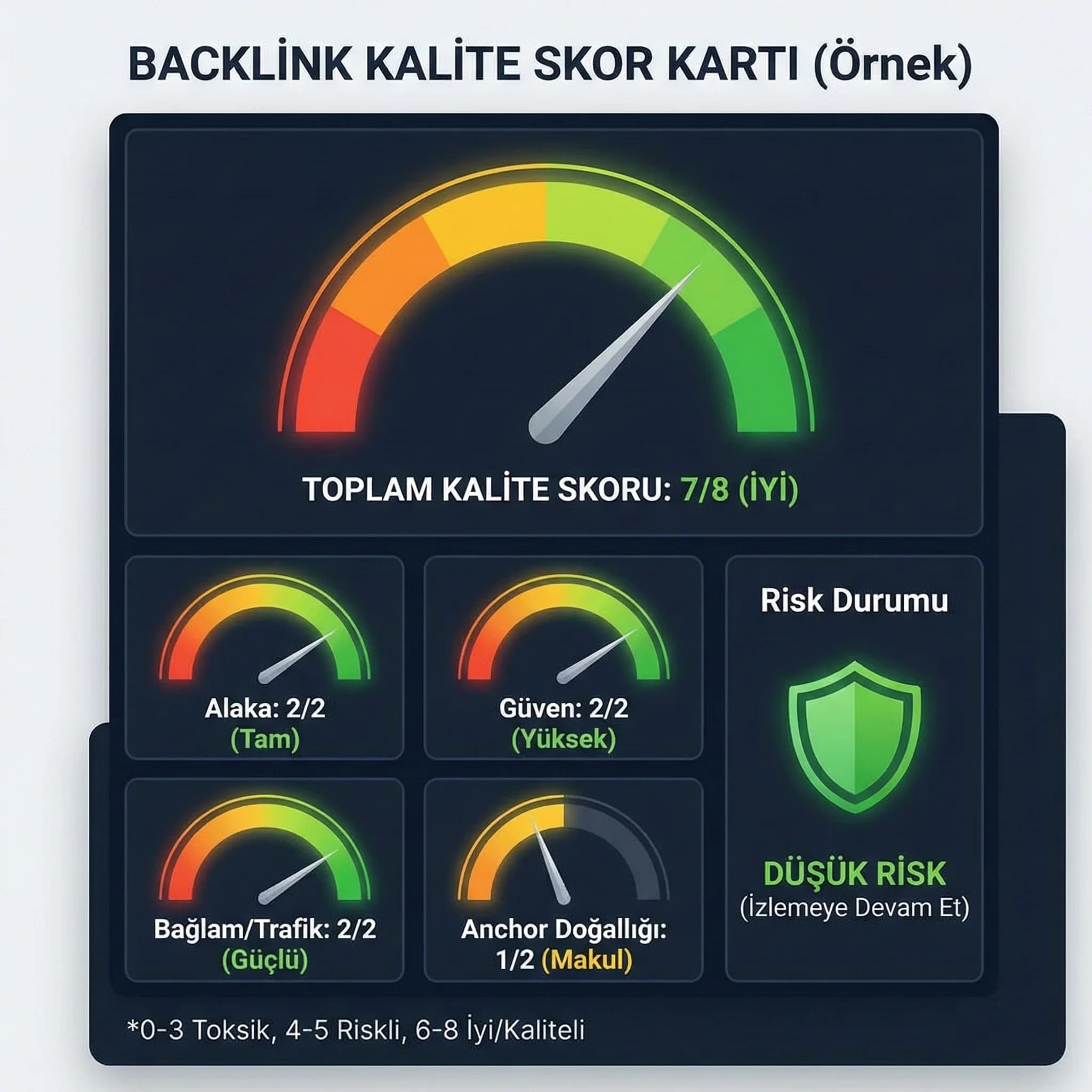 Backlink kalite skor kartı, otel ve B2B risk değerlendirme paneli