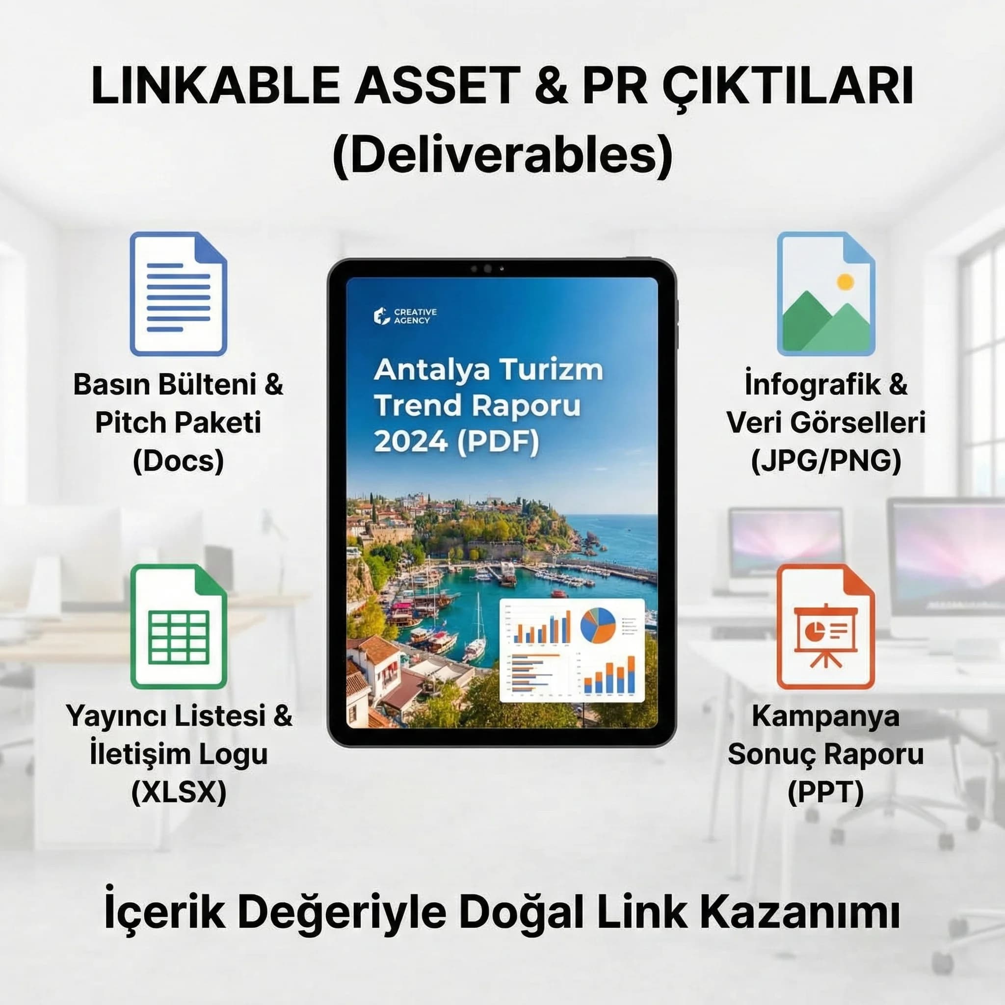 Linkable asset deliverables kartı: rapor, rehber, case, press kit