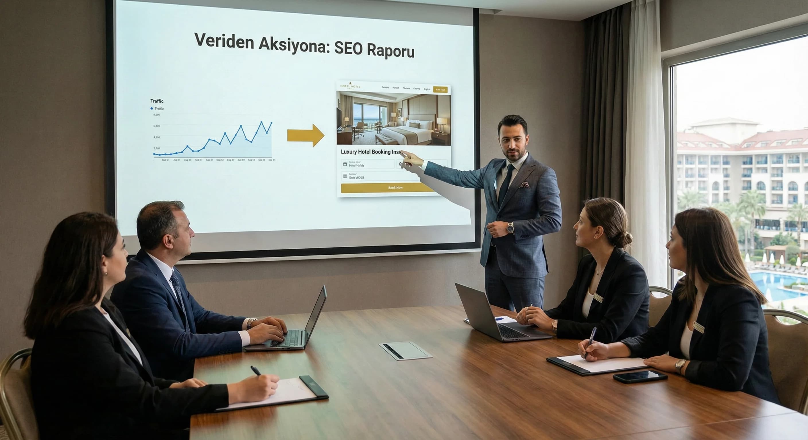 SEO raporu toplantı sahnesi, amaç bağlam kurmak, otel pazarlama ekibi