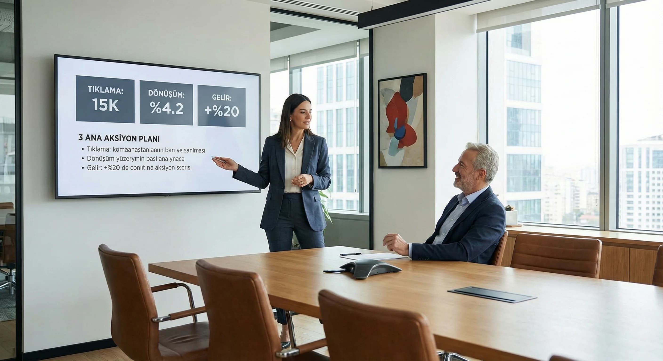 Yönetici sunum bölüm ayırıcı, amaç karar anlatısı, otel yönetim toplantısı