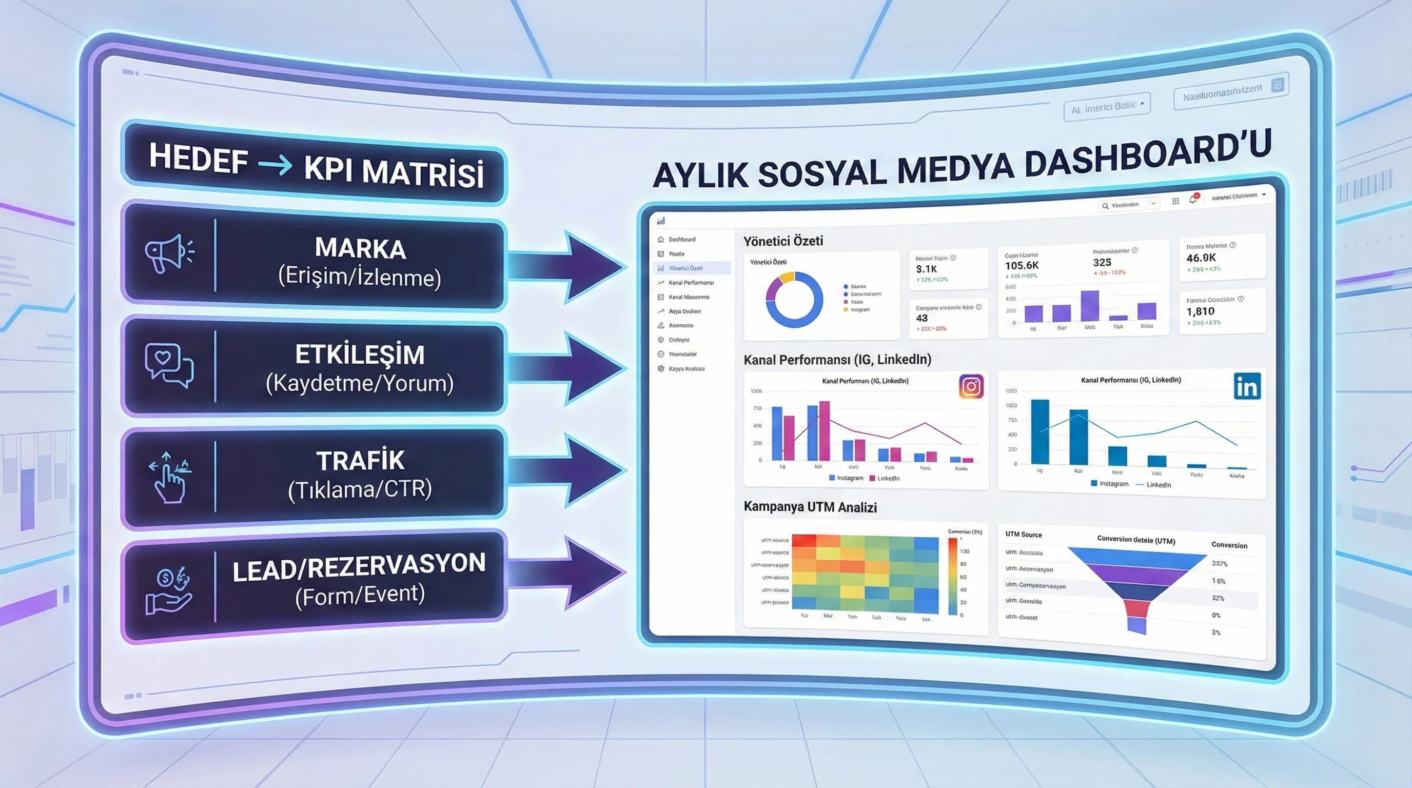 KPI matrisi ve dashboard mantığını tek ekranda özetleyen sosyal medya ölçüm görseli