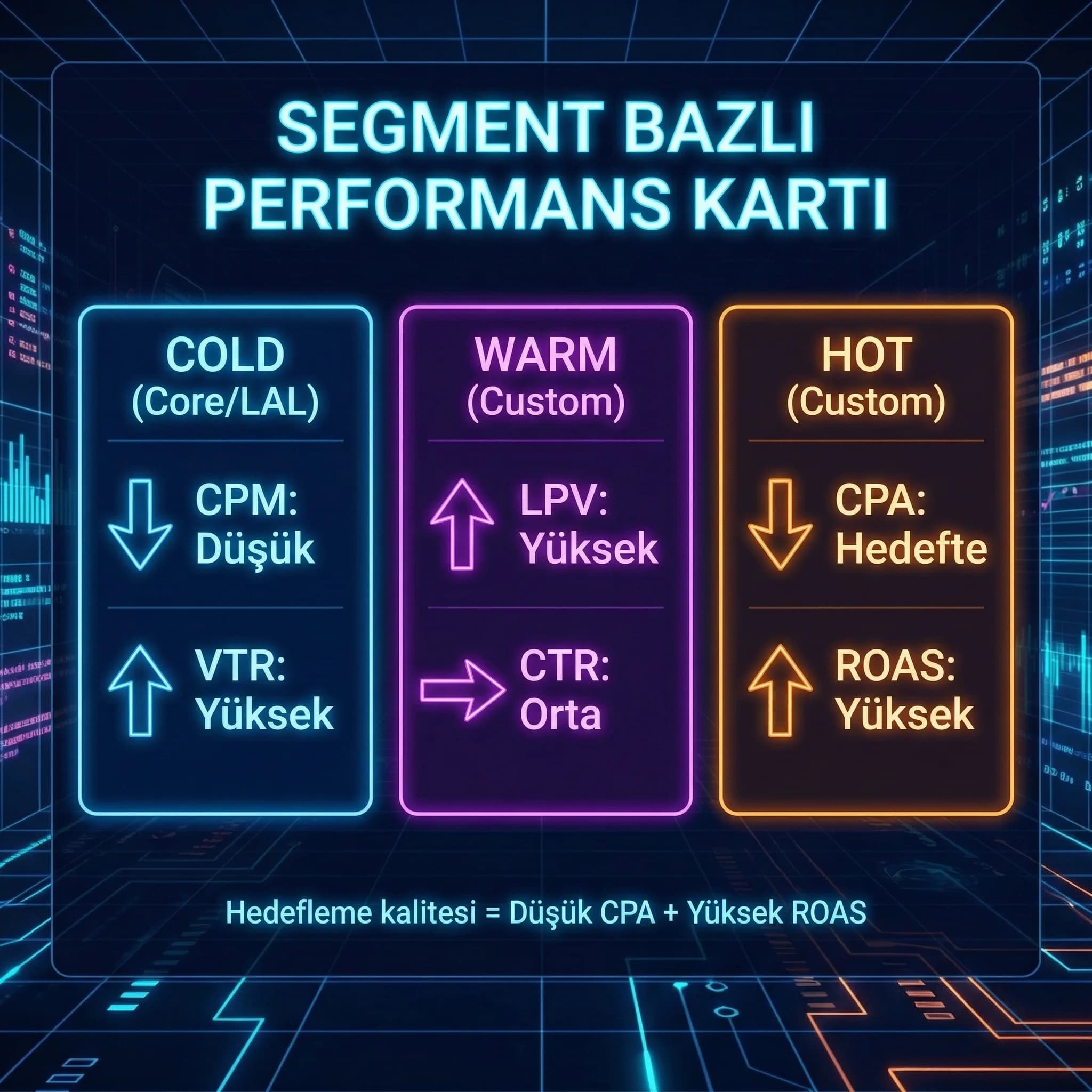 Segment bazlı CPA ve ROAS skor kartı, hedefleme performans takibi