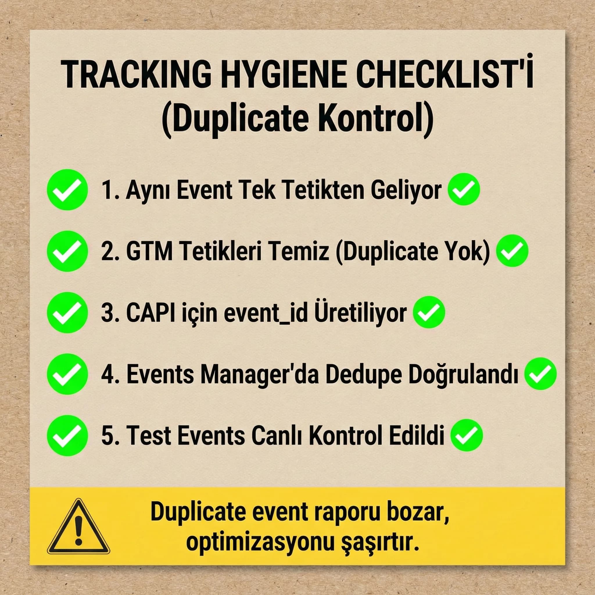 Tracking hygiene checklist’i, duplicate kontrol ve test adımları otel bağlamı