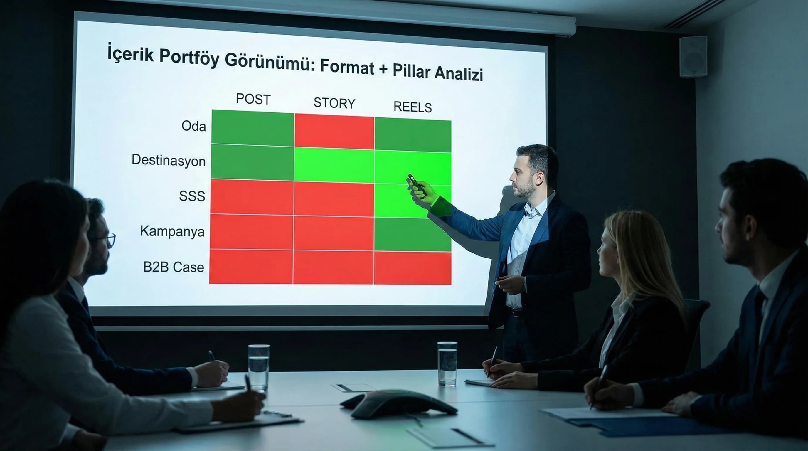Format ve pillar kırılımı, içerik portföy görünümü, otel sosyal medya raporu