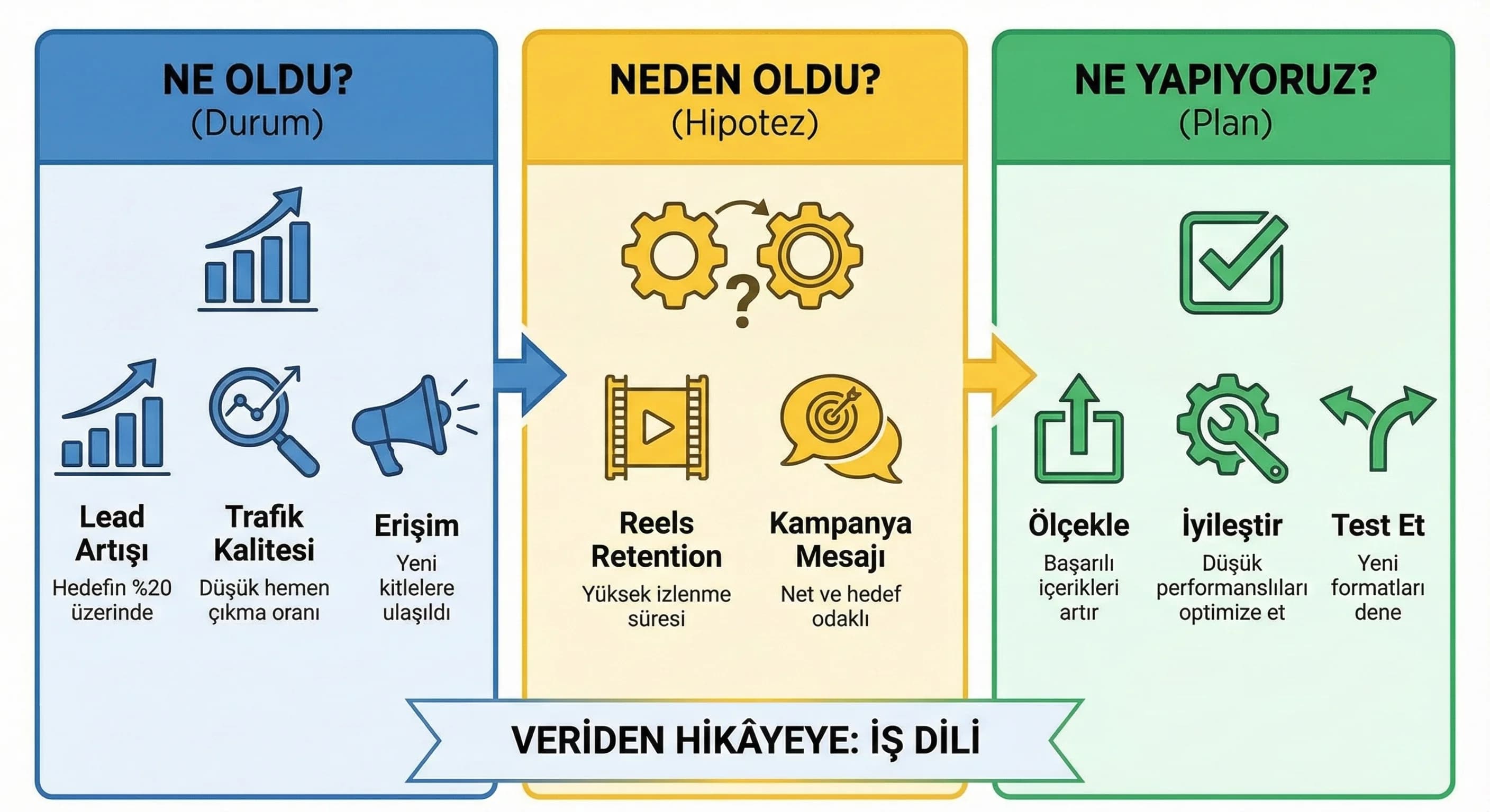 Ne oldu neden oldu ne yapıyoruz, yönetici raporu hikâye çerçevesi, iş dili