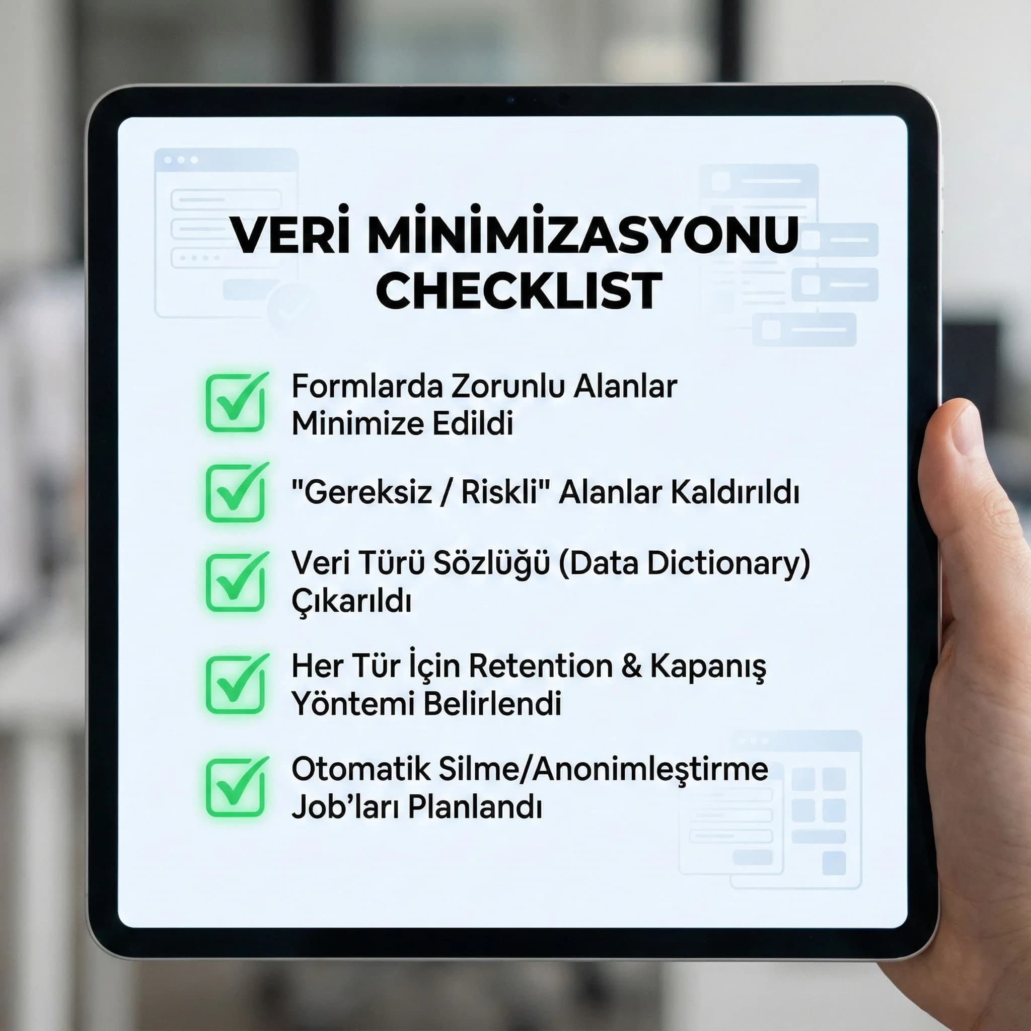 Veri minimizasyonu checklist kartı, form alanı temizliği
