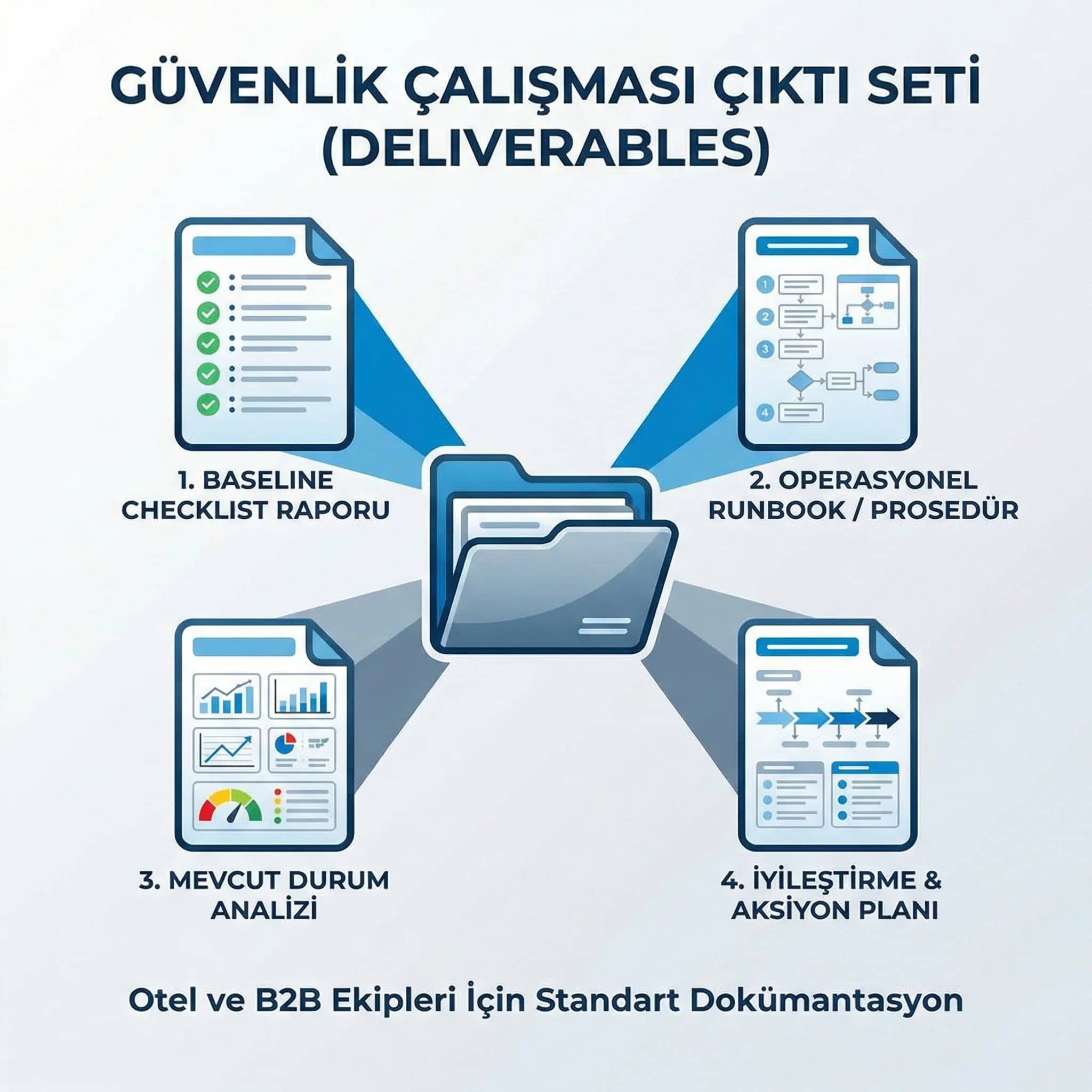 Sunucu güvenlik deliverable seti kartı, otel ve B2B siteleri için kontrol ve raporlama çıktıları