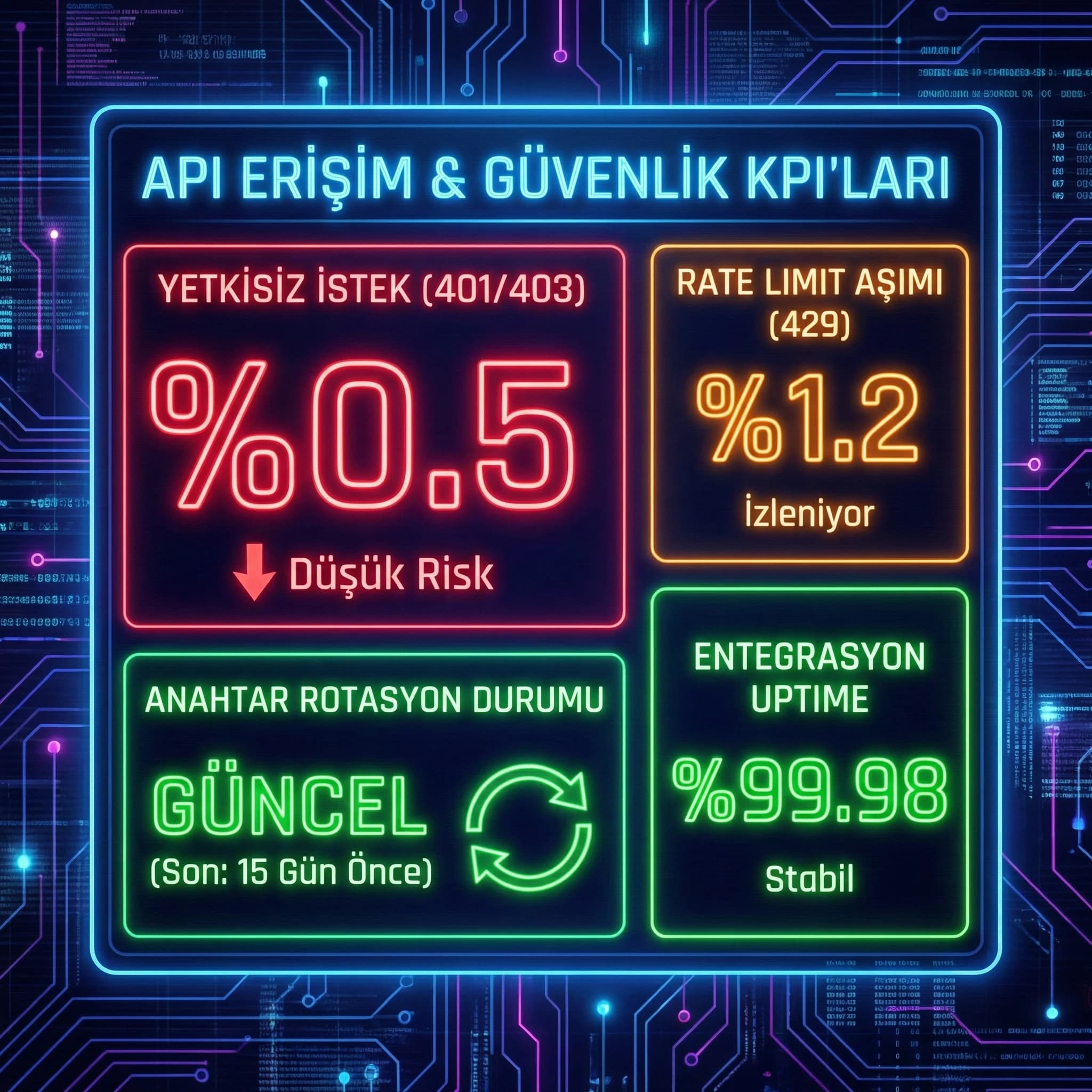 API erişim KPI paneli, 401/403/429 ve rotasyon takibi ile entegrasyon güvenliği