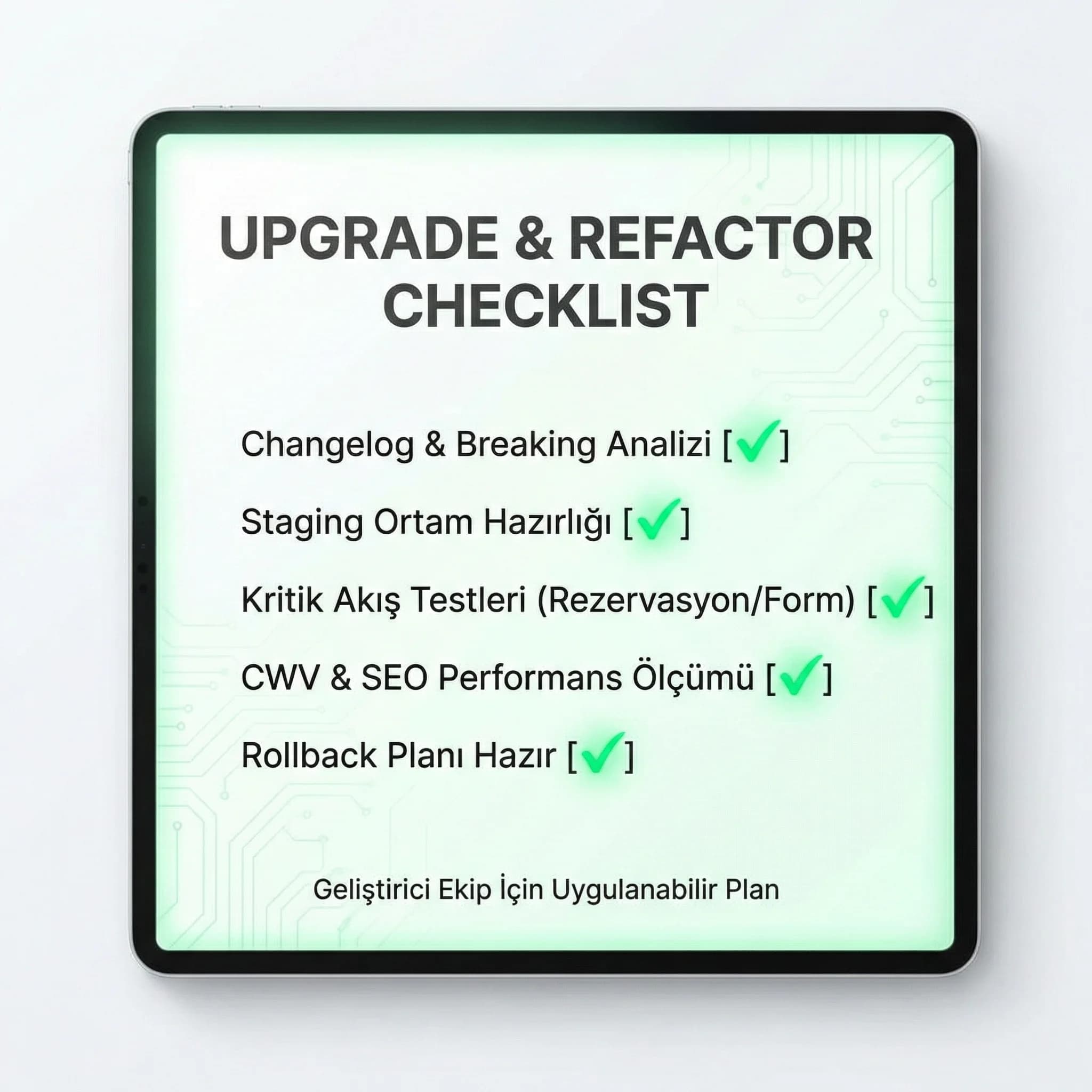 Upgrade & refactor checklist, amaç hızlı uygulama, geliştirici ekip bağlamı